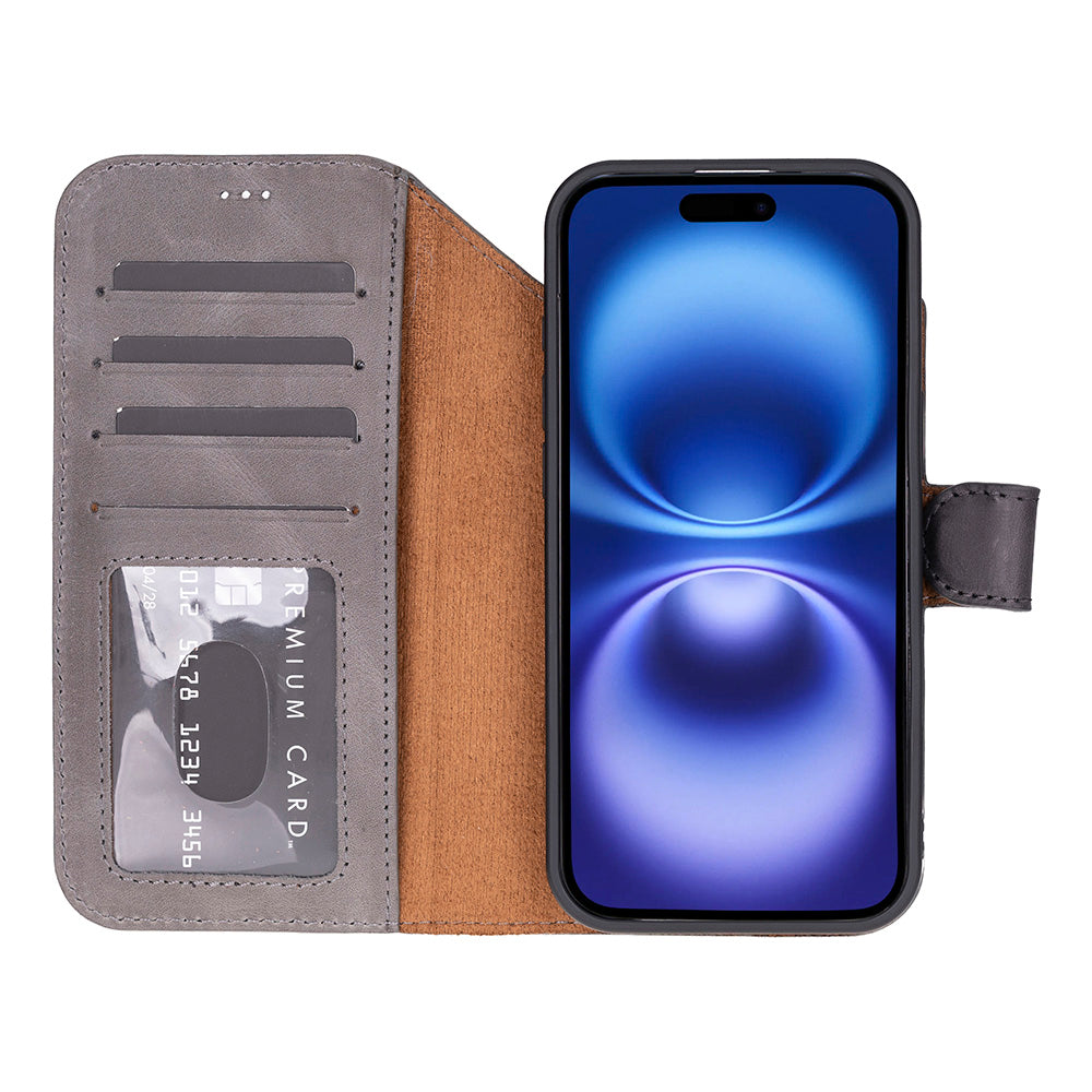 Phone case with card slots and phone displaying blue screen on a white background