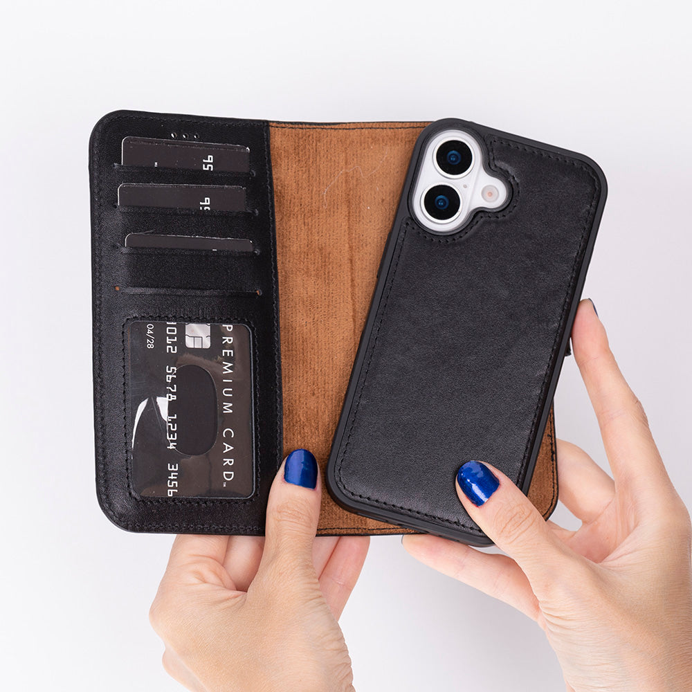 Phone case with card slots held by hands on a white background