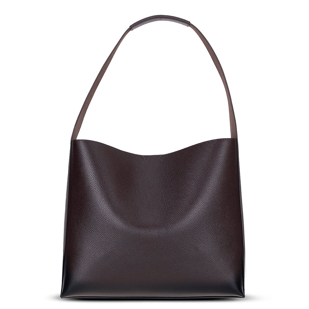Dark brown leather handbag on a white background