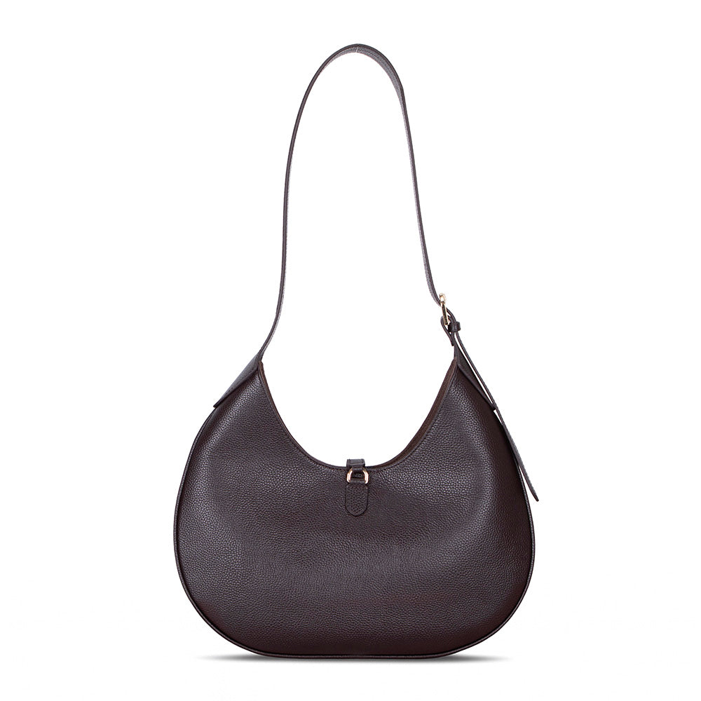 Dark brown leather handbag with a shoulder strap on a white background