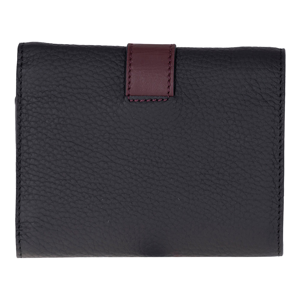 Black leather wallet with a burgundy strap on a white background