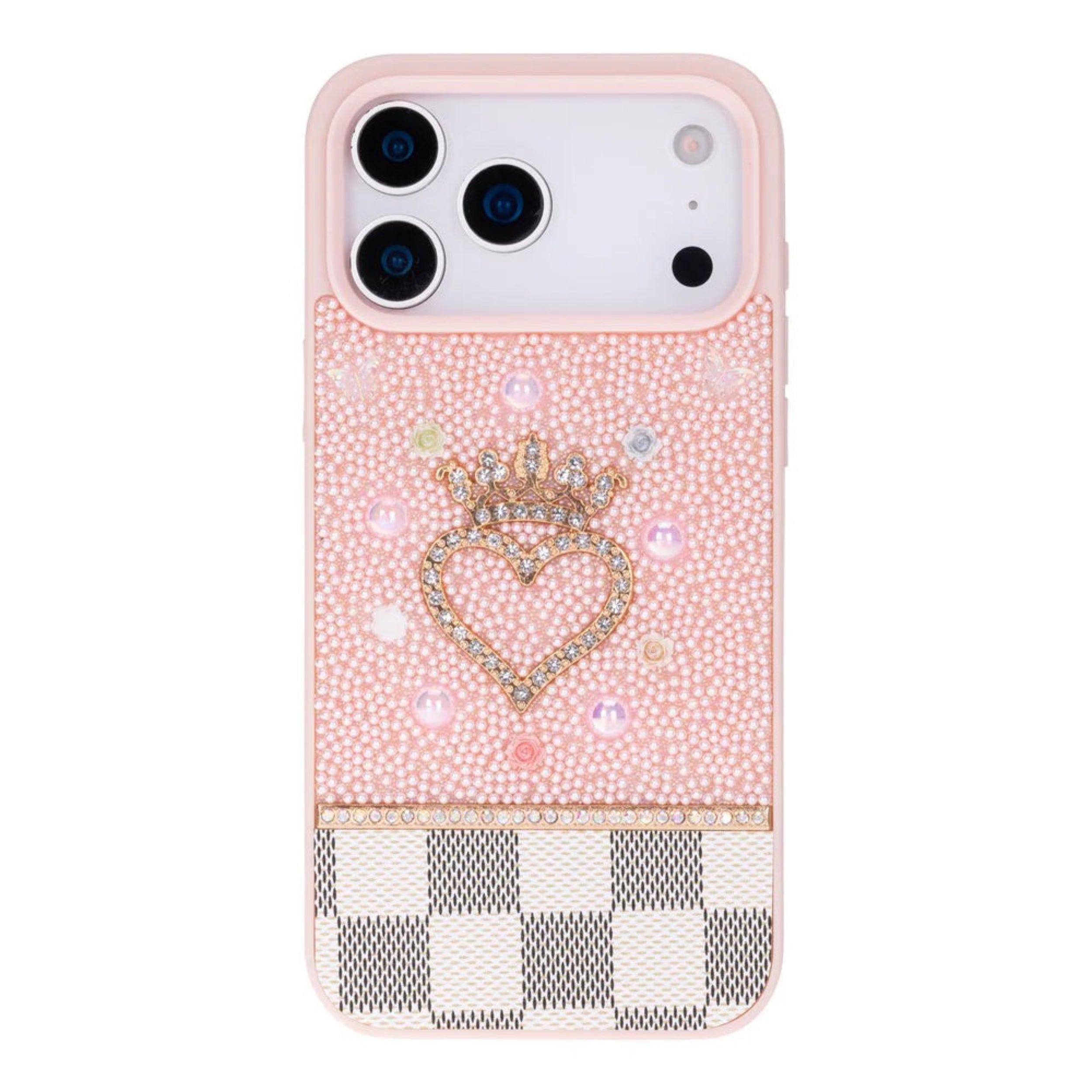 Pink phone case with a heart and crown design on a white background