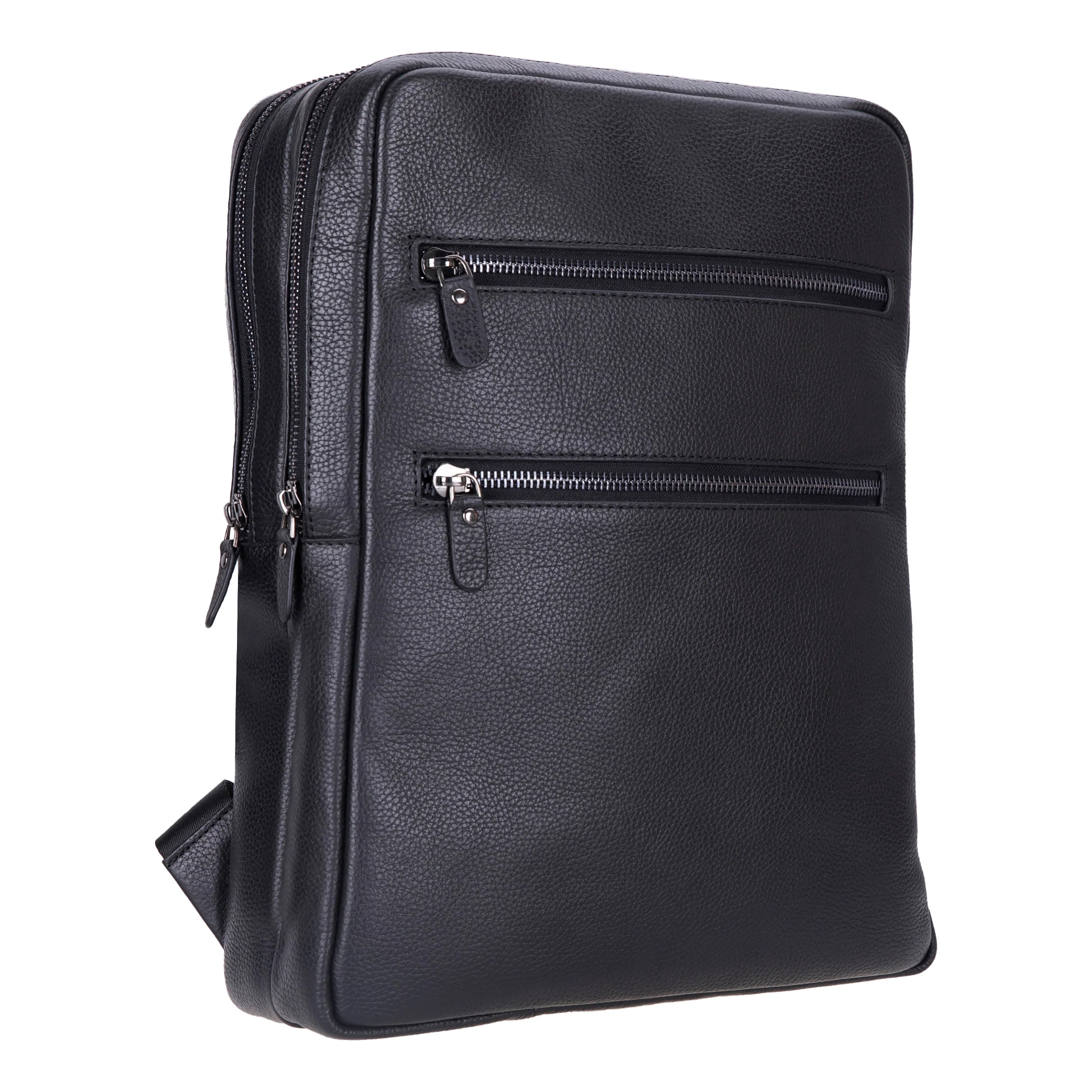 Black leather backpack with multiple zippers on a white background