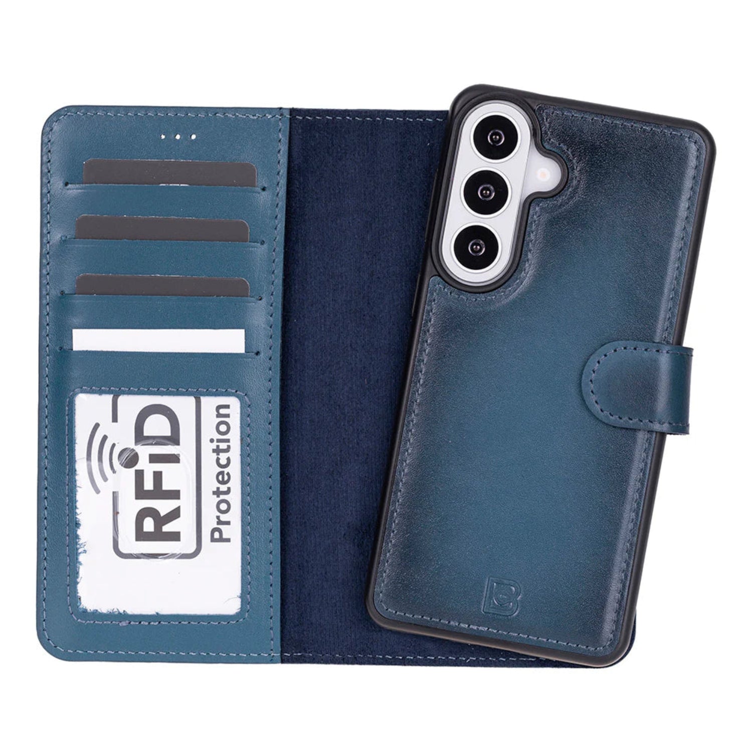 Blue phone case with RFID protection feature on a white background