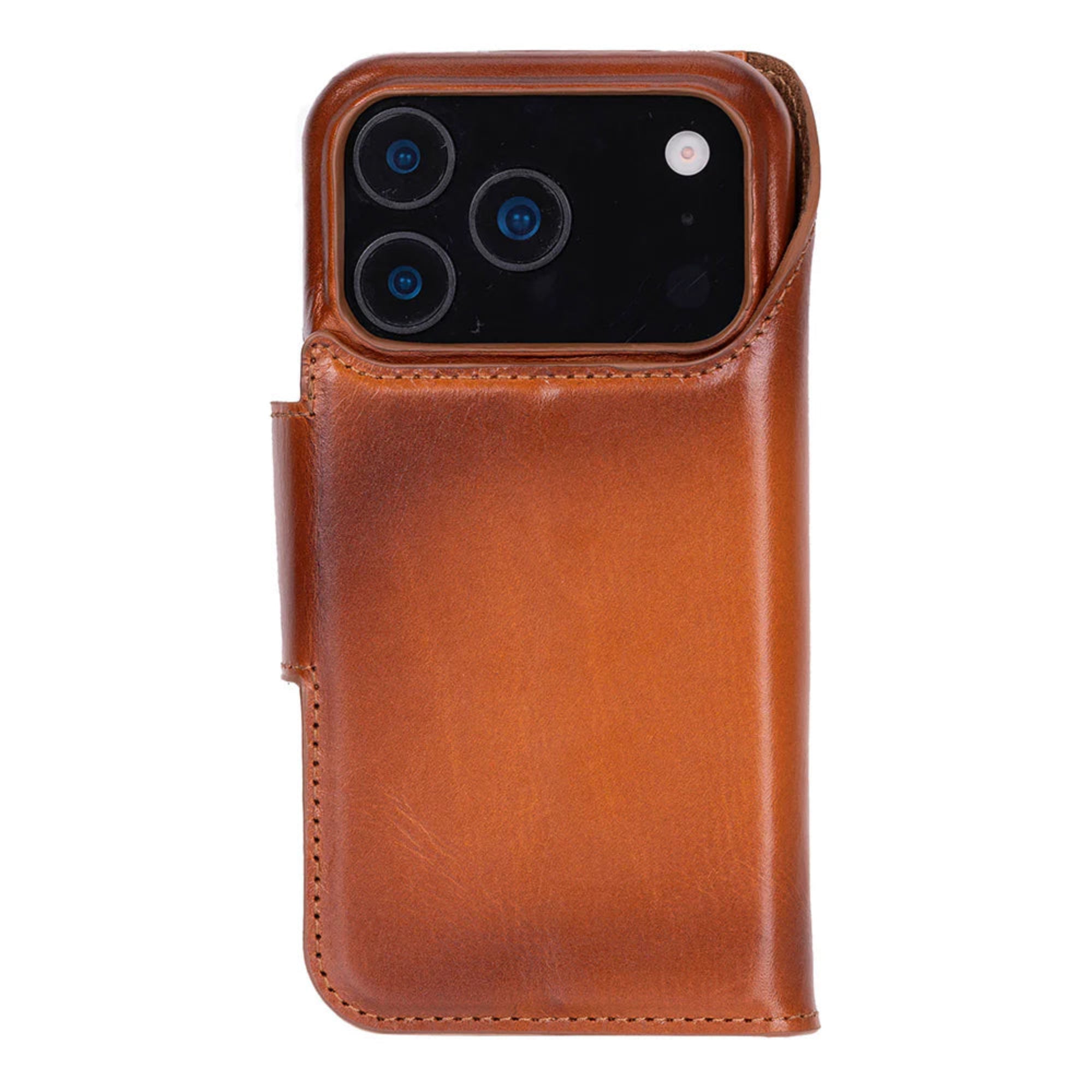 Brown leather phone case with a phone inside on a white background
