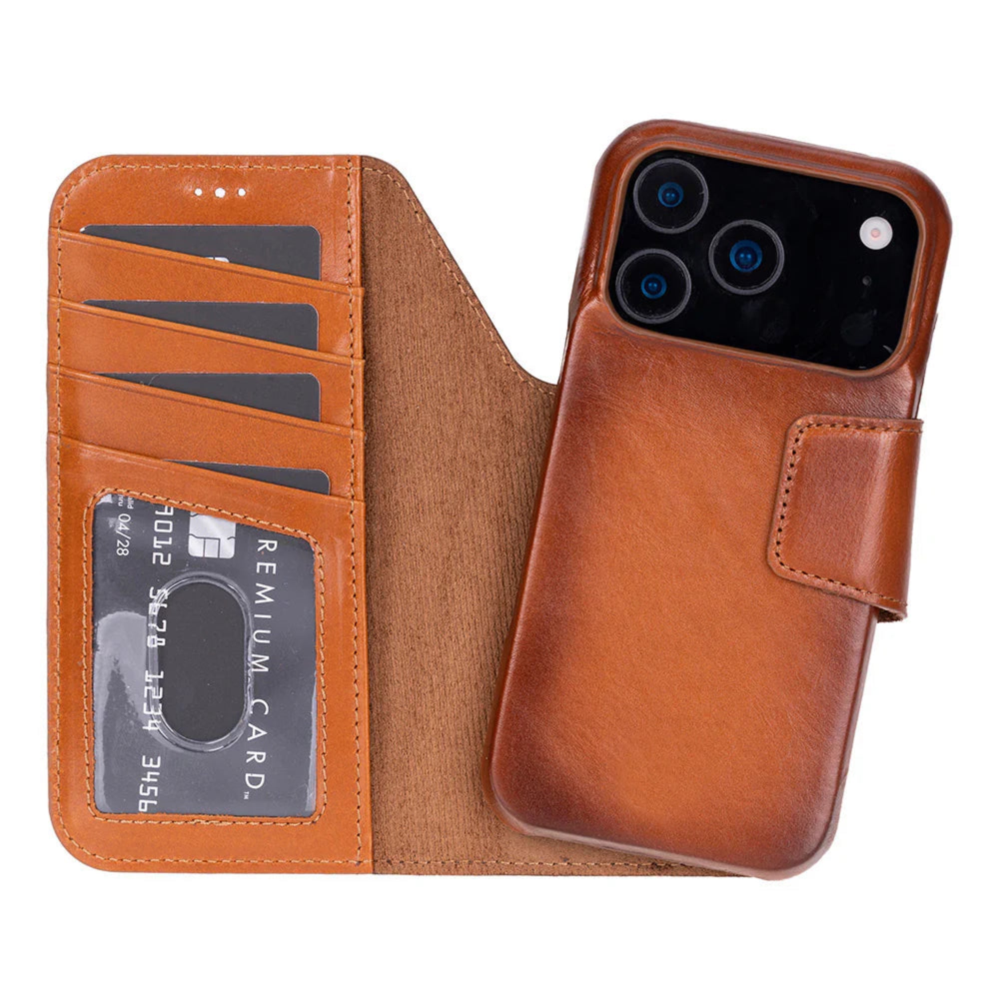 Brown phone case with card slots on a white background