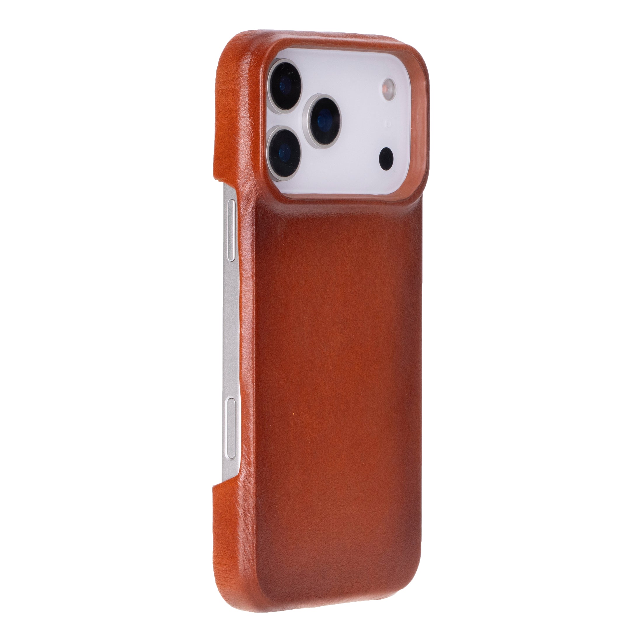 Brown leather iphone 17 case on a white background