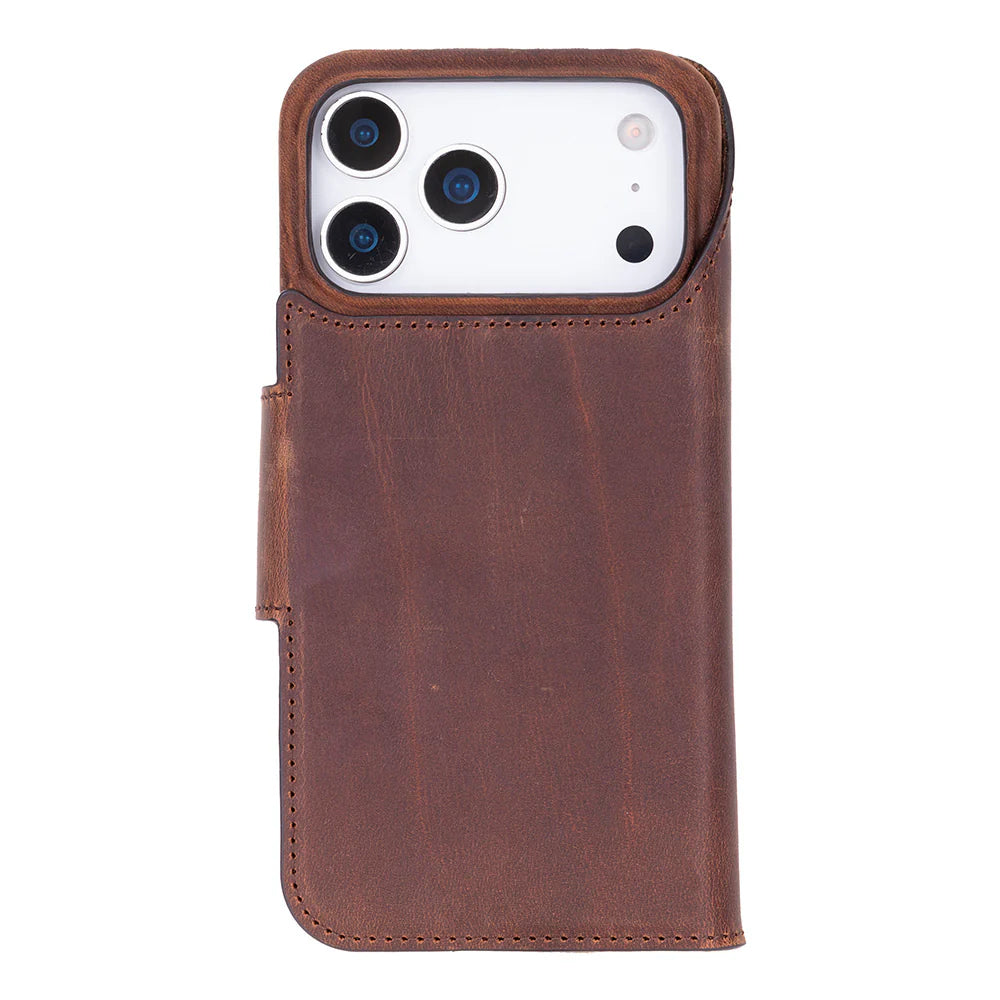 Brown leather iphone 17 pro case with a phone model inside on a white background