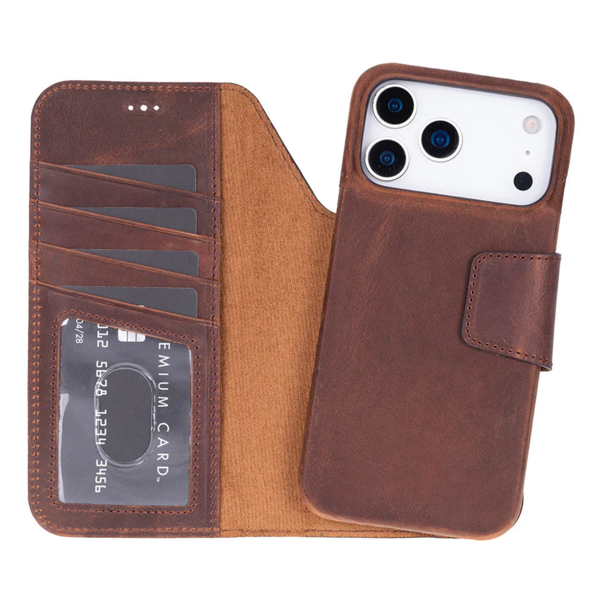 Brown leather iphone 17 pro case with card slots and phone pocket on a white background