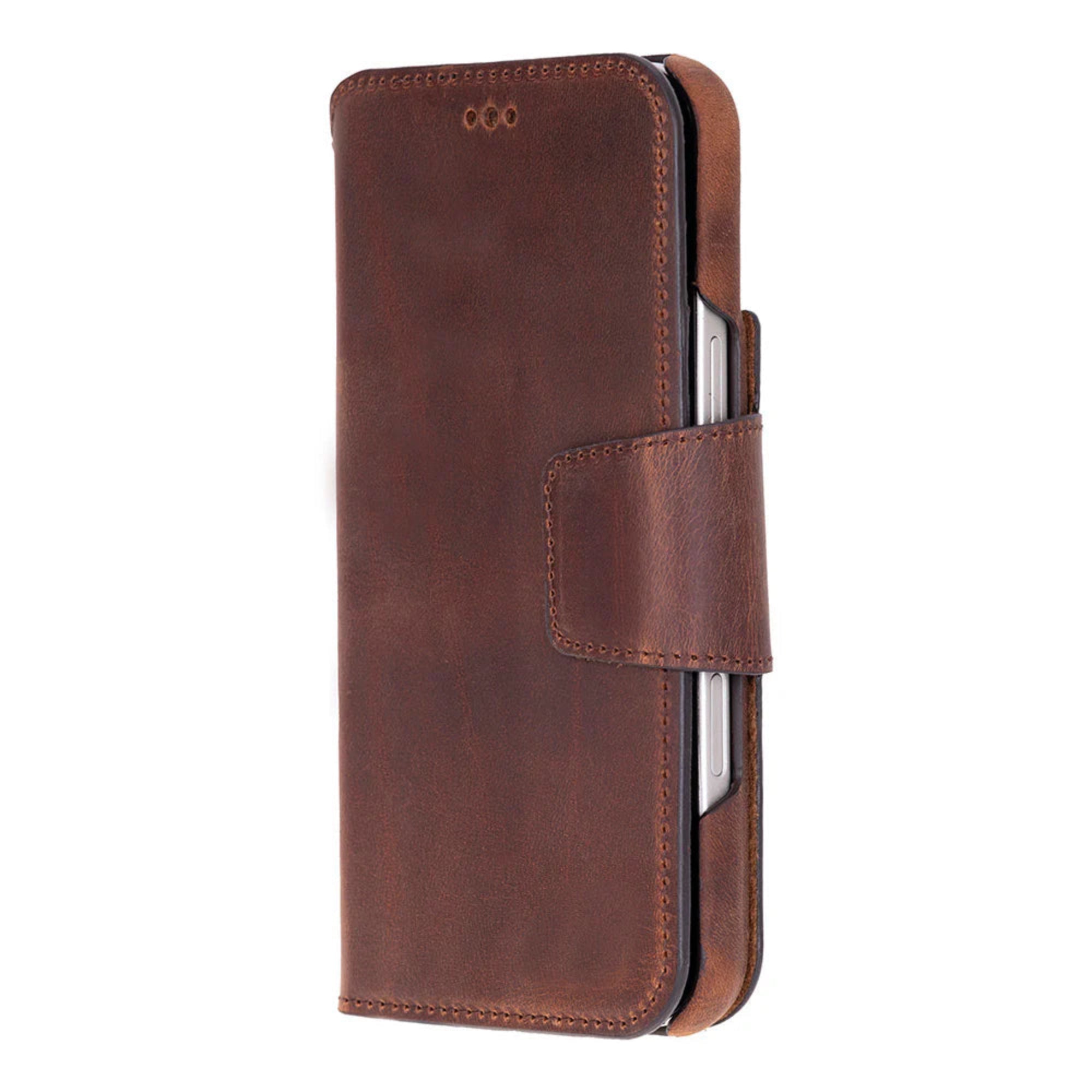 Brown leather phone case with a card slot on a white background