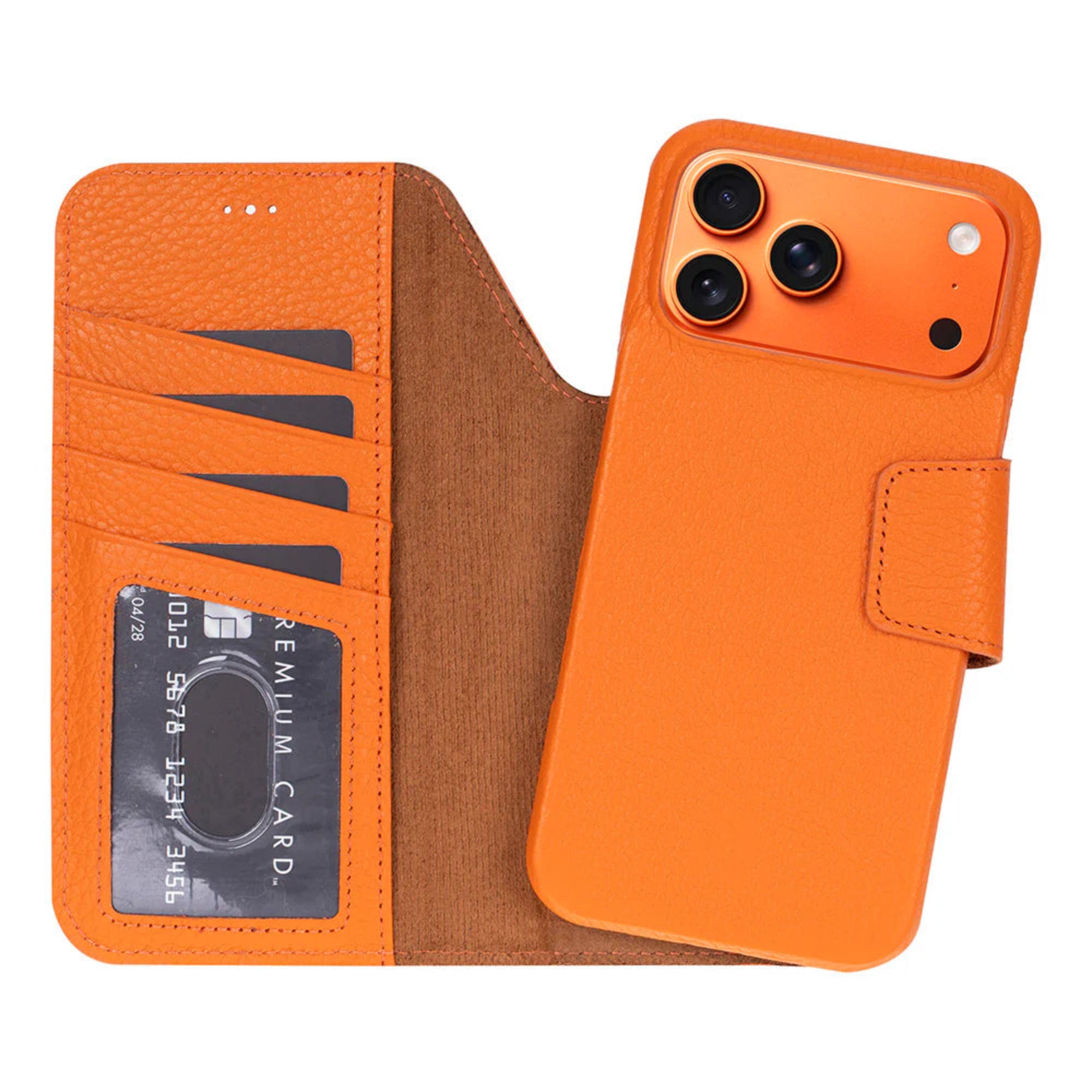 Orange iphone 17 pro max case with card holder on a white background