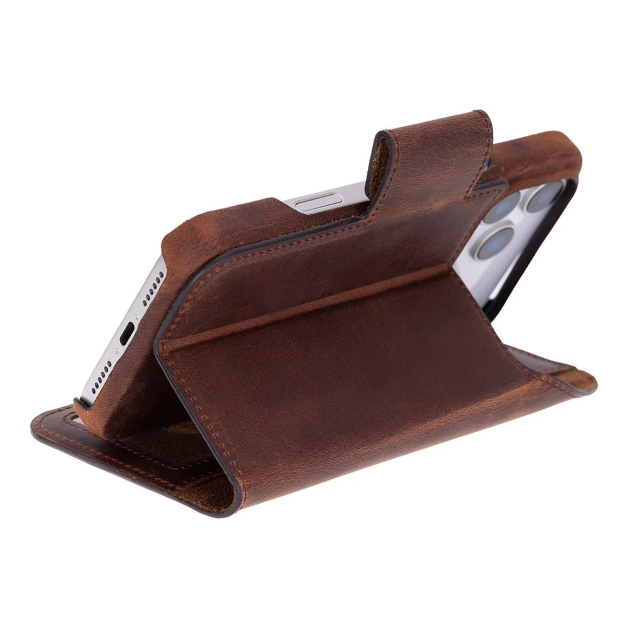 Brown leather phone case with a stand feature on a white background