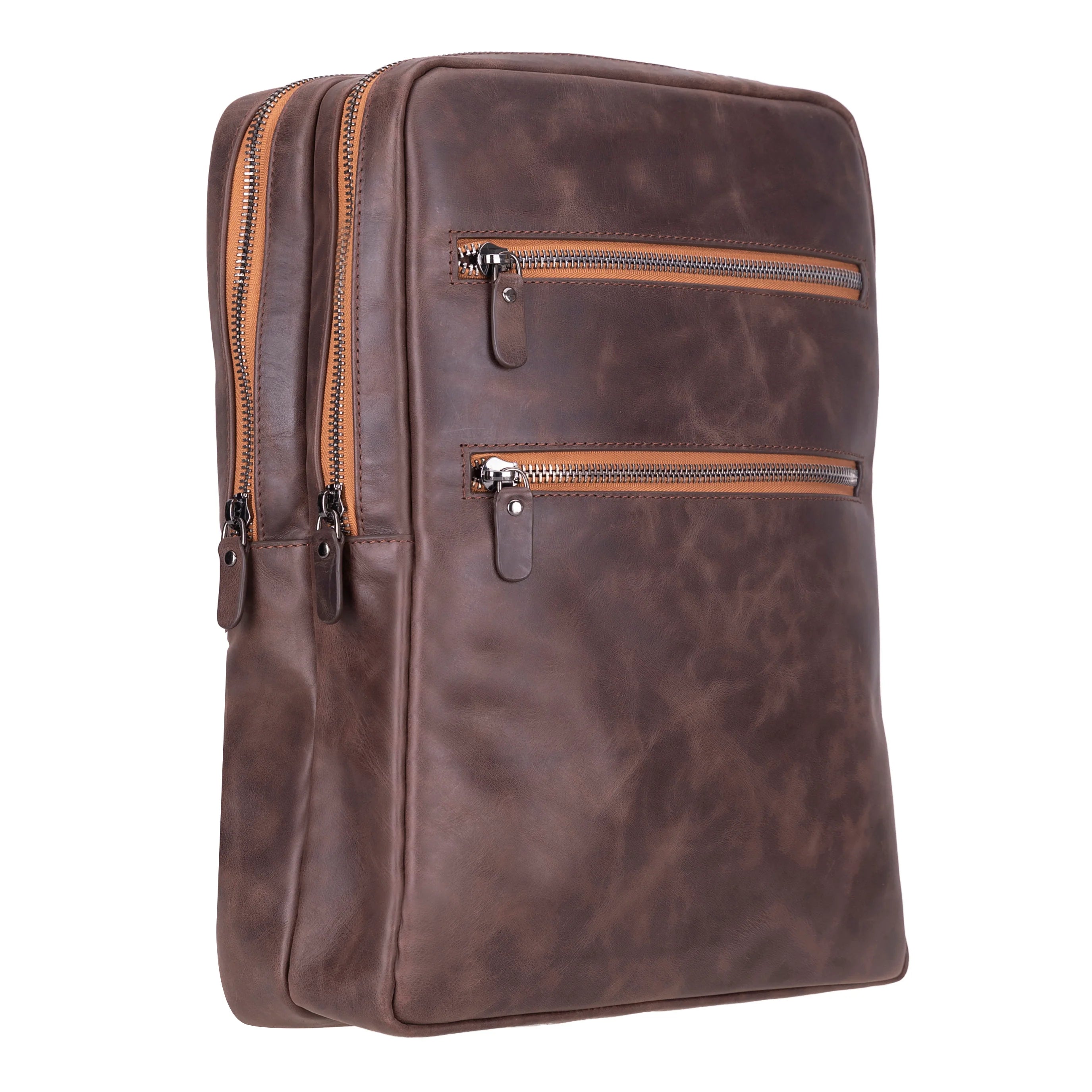 Brown leather backpack with multiple zippers on a white background