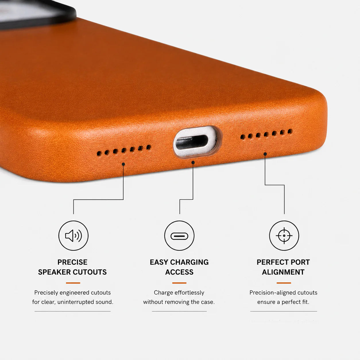 Close-up of the bottom edge of an orange-brown phone case showing a USB-C port, speaker cutouts, and charging access, with callout lines and text explaining the features on a light gray background.