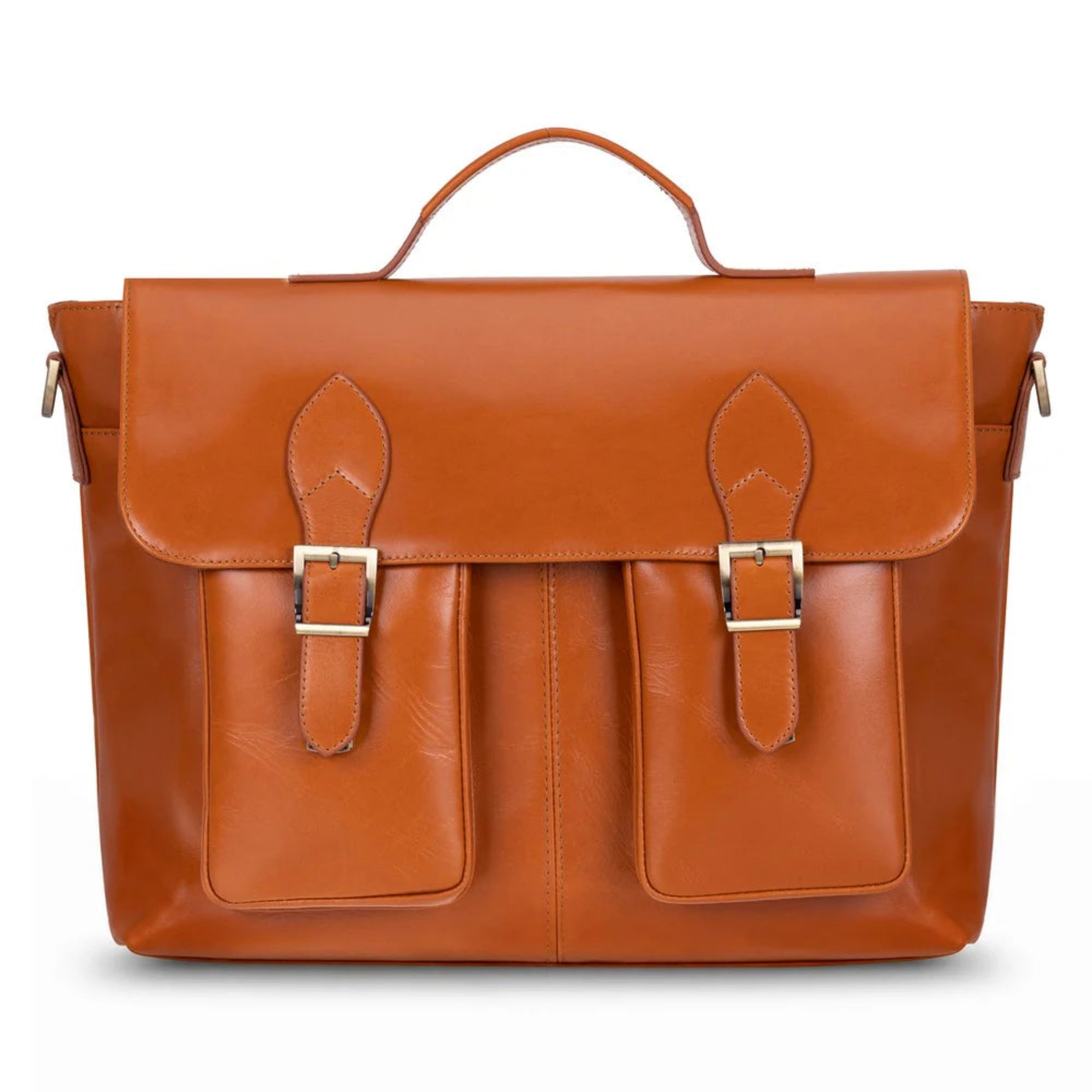 A cognac brown leather briefcase with a top handle, two front flap pockets with gold-tone buckle details, and a shoulder strap, shown against a plain white background.