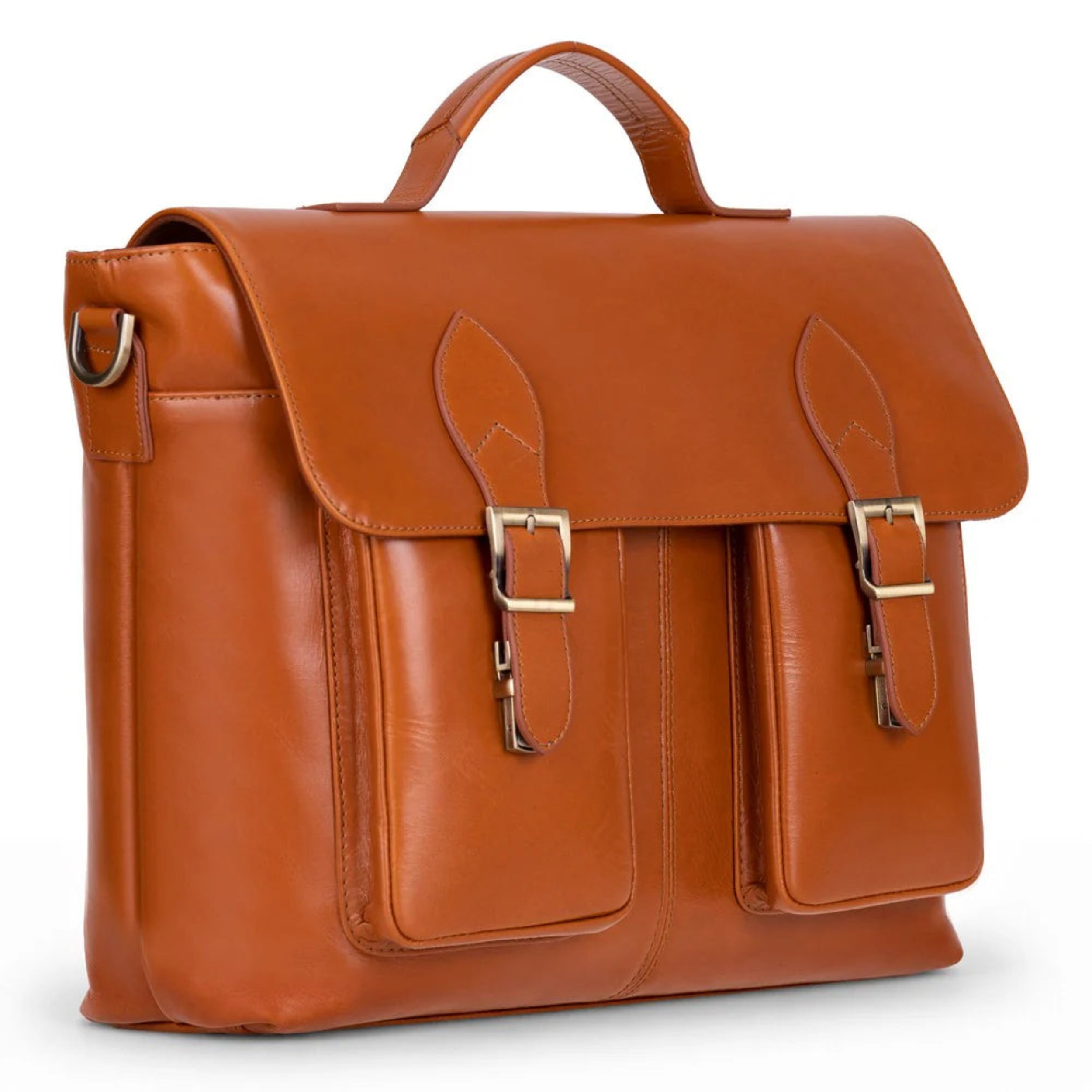 A cognac brown leather briefcase with a top handle, two front buckle straps, and a side ring, shown on a white background.