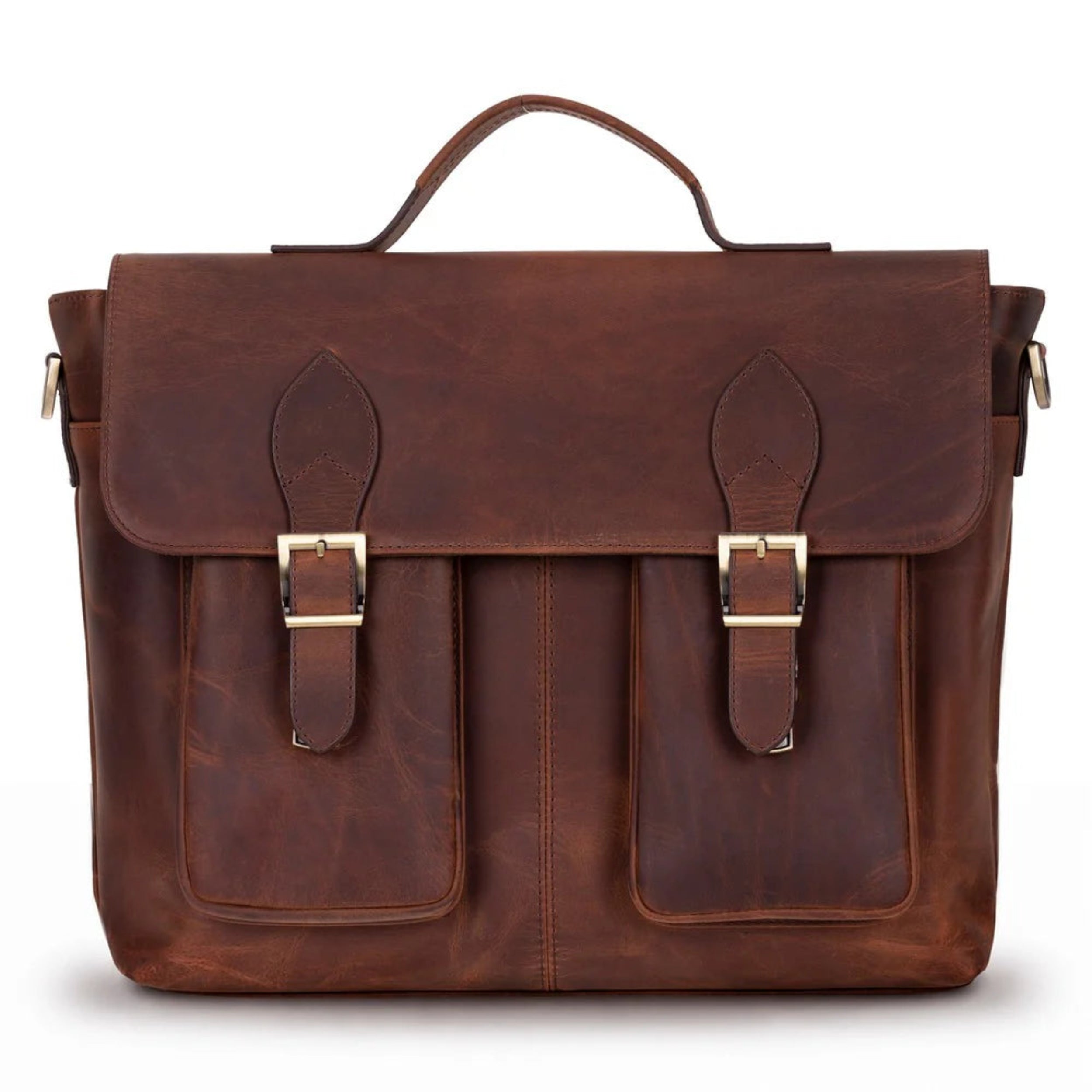 A dark brown distressed leather briefcase with a top handle, two front buckle straps, and two front pockets, shown on a plain white background.