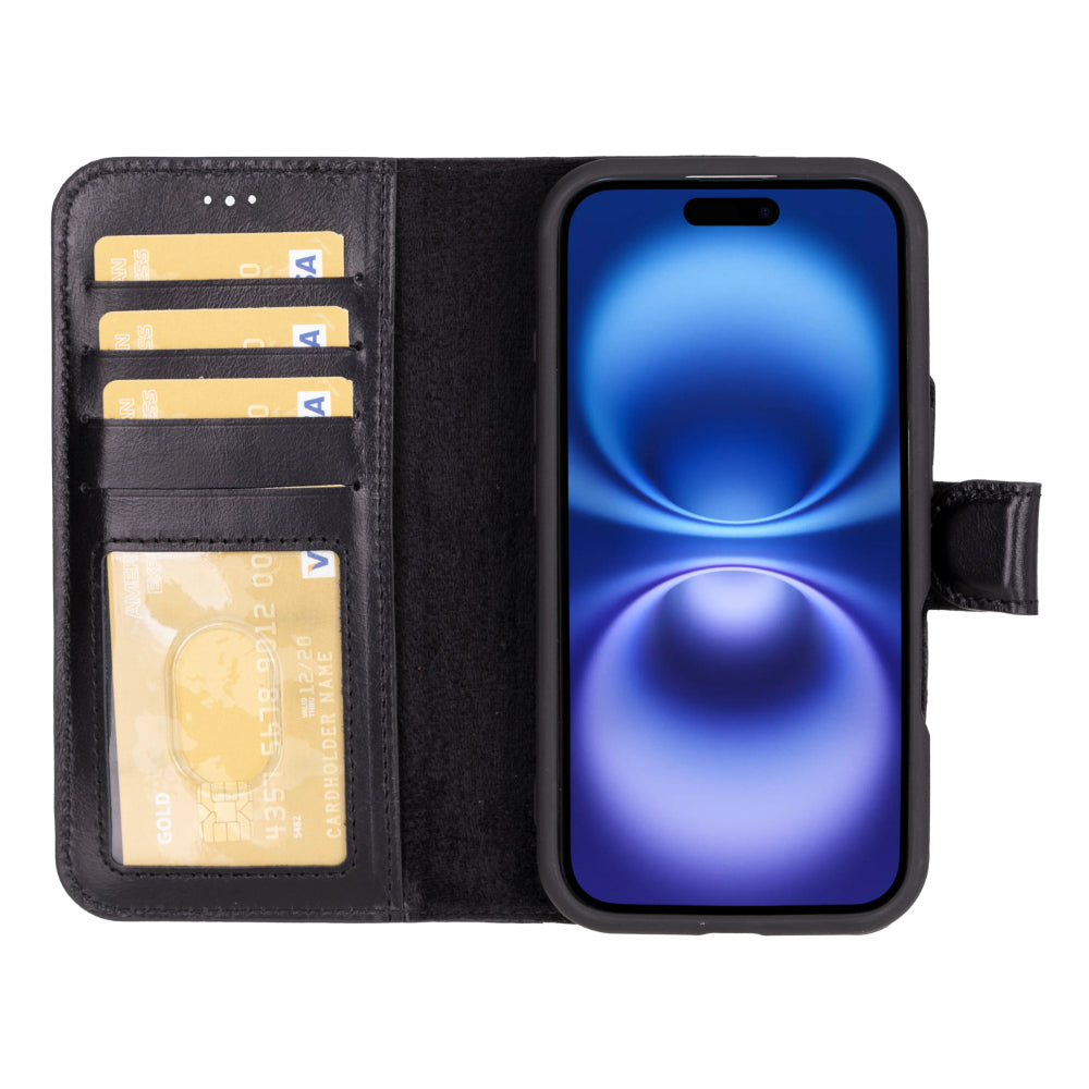Black phone wallet case with card slots and phone pocket on a white background