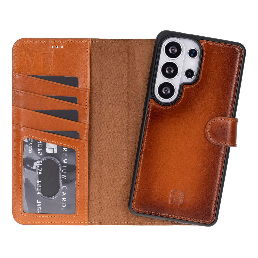 Brown S26 phone case with card slots and phone holder on a white background