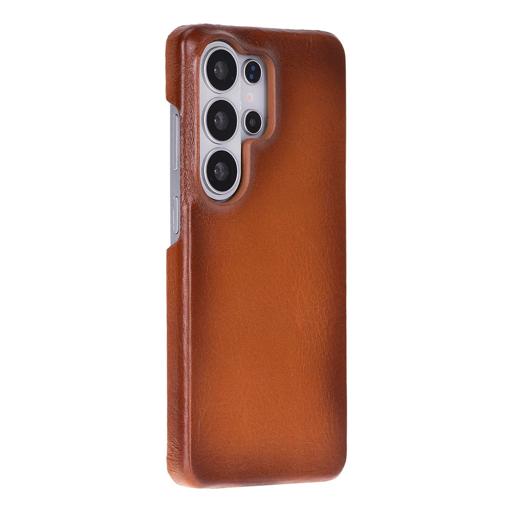 Brown leather Galaxy S26 with camera cutout on a white background