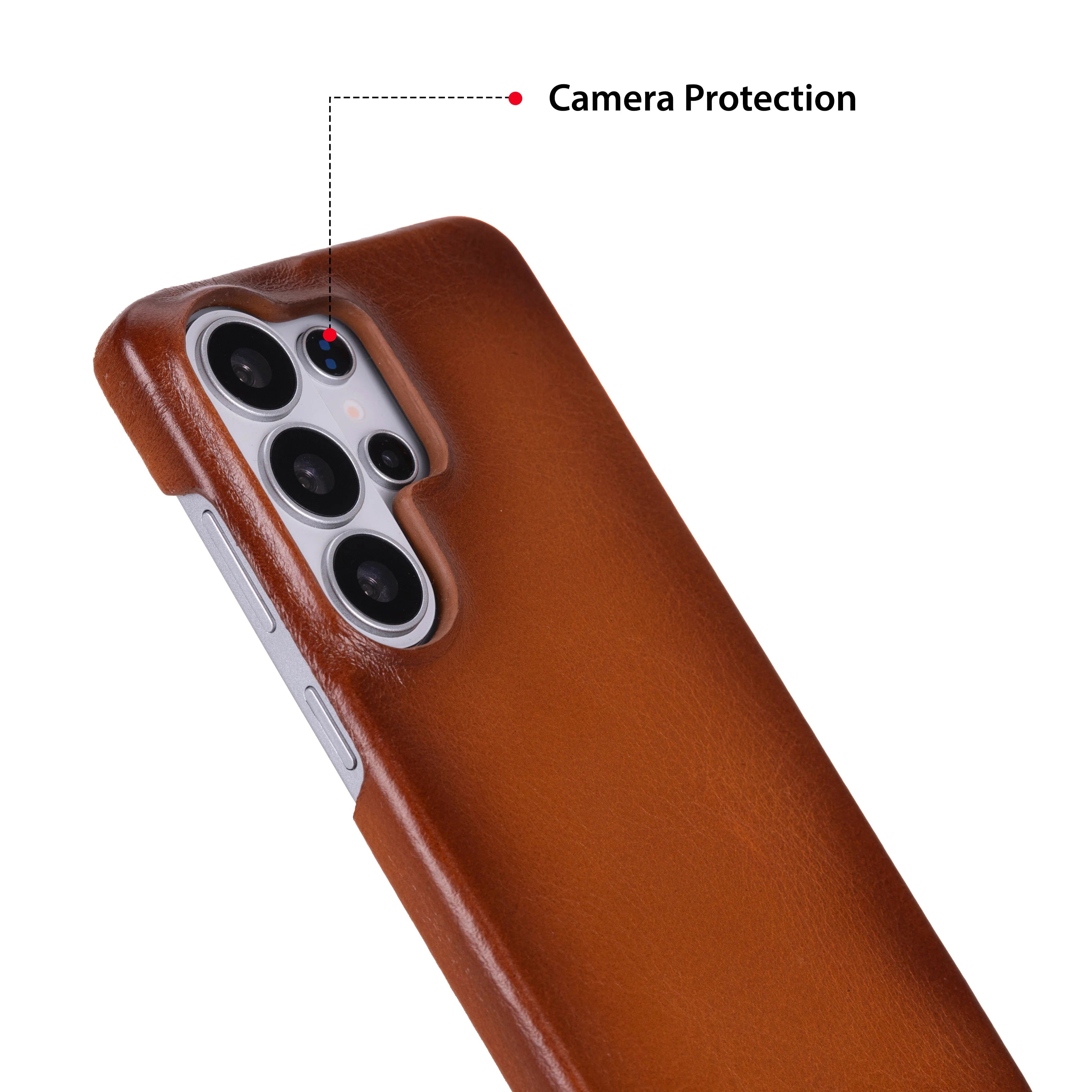 Brown phone case with camera protection feature on a white background
