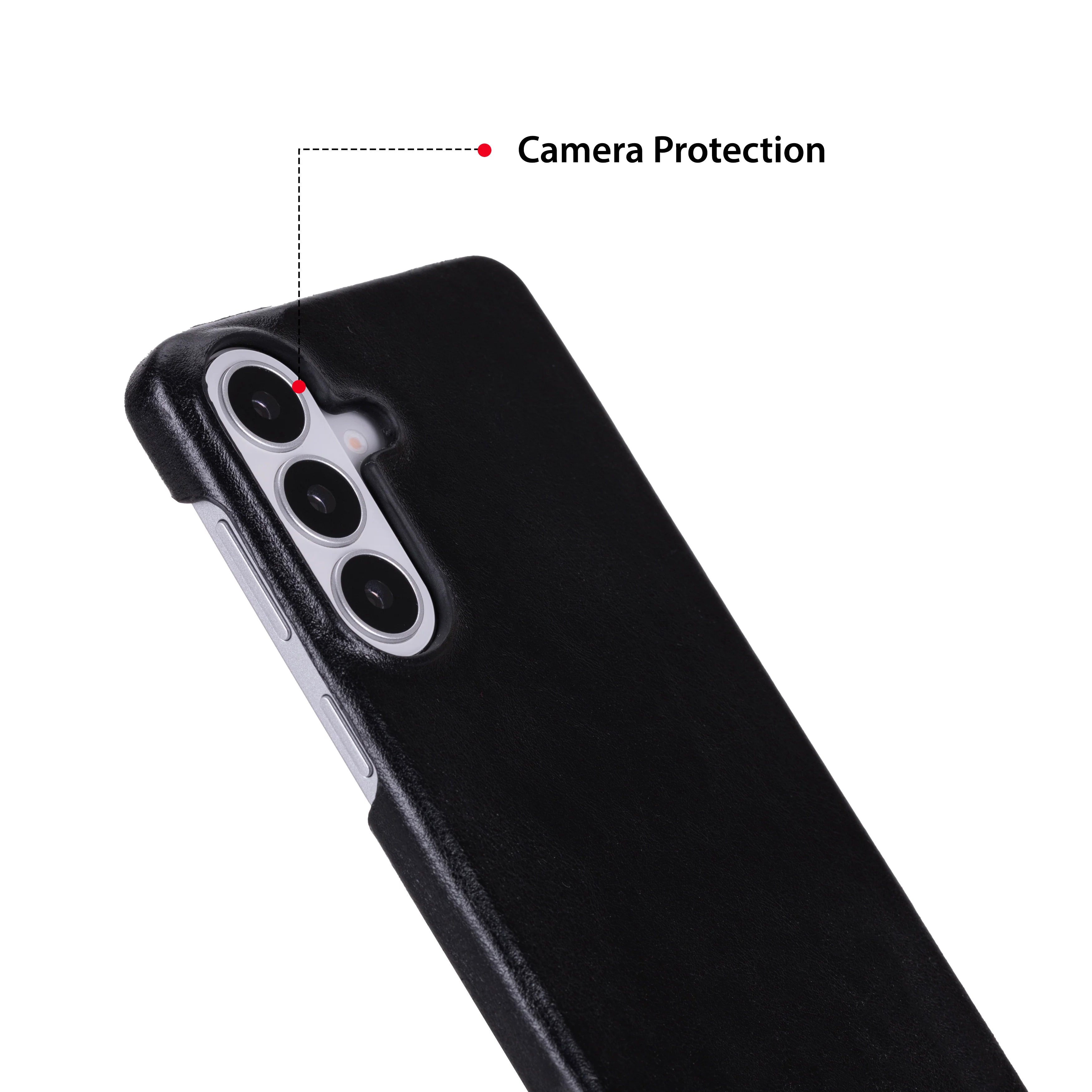 Black phone case with camera protection feature on a white background