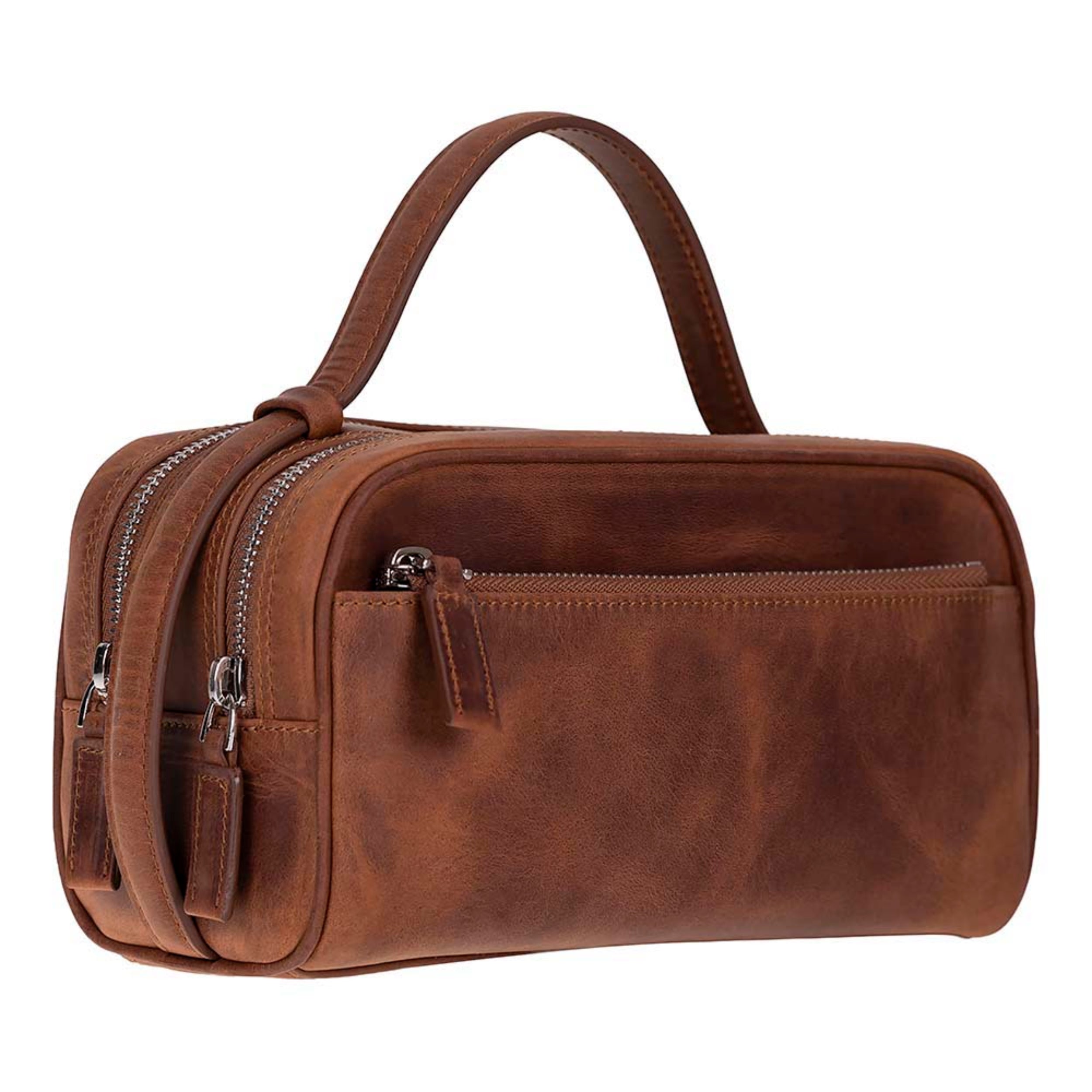 A brown faux-leather toiletry bag with a top handle, featuring multiple zippered compartments and a front slip pocket, shown on a plain white background.
