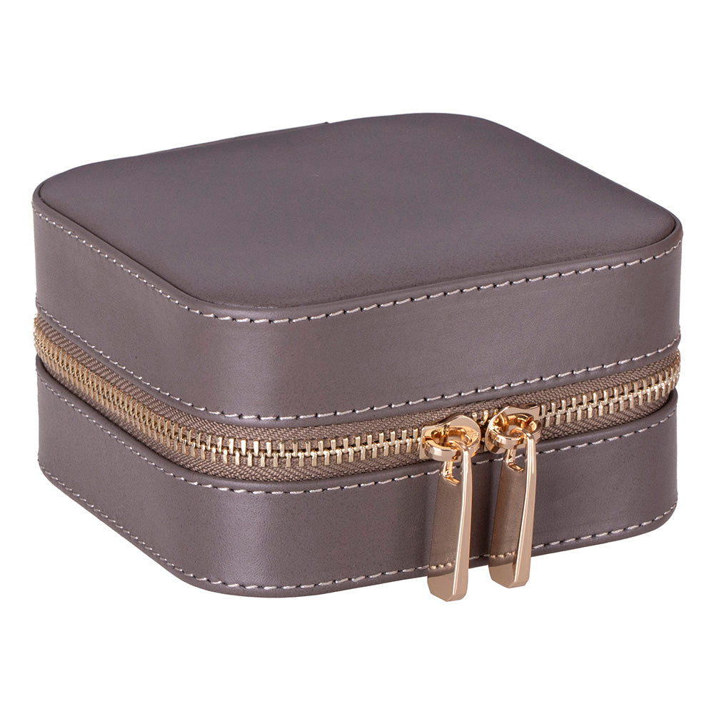 Gray jewelry box with gold zipper on a white background