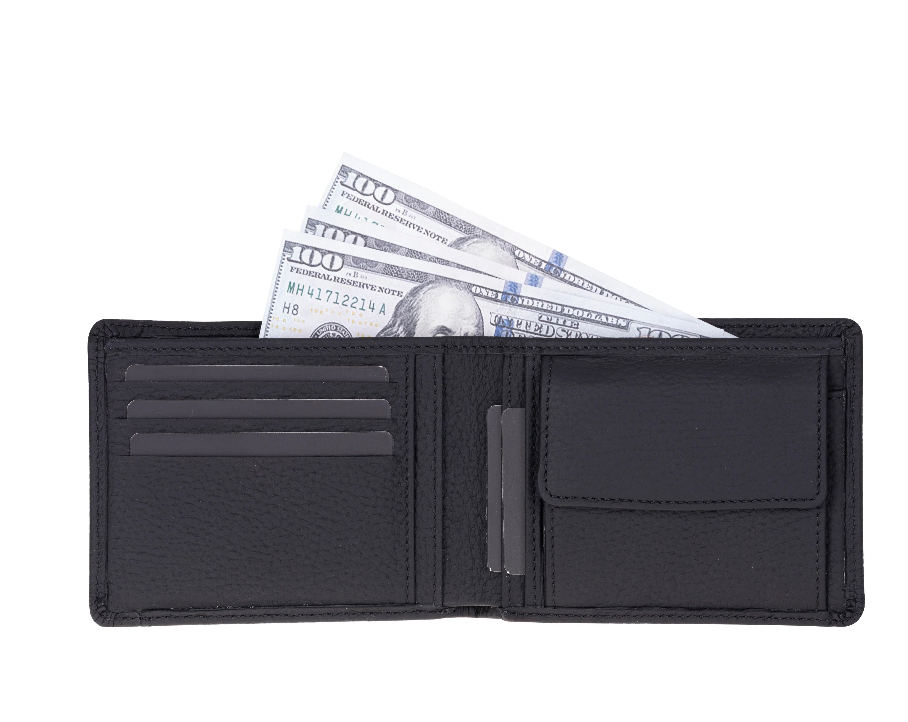 Black wallet with money on a white background