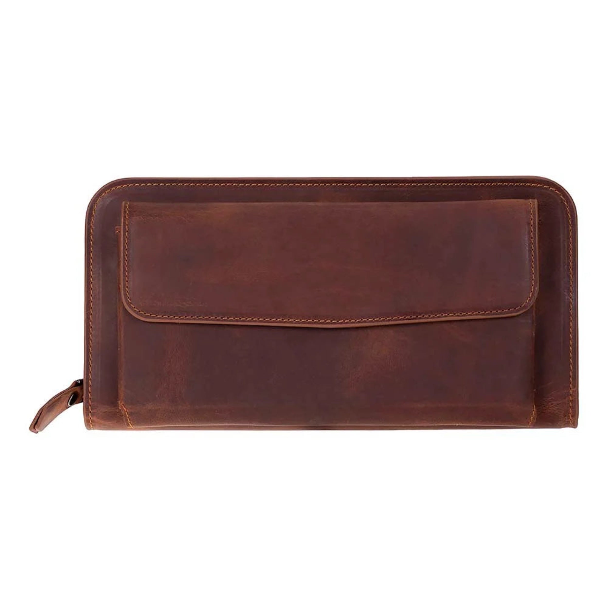 A brown leather zip-around wallet with a front flap pocket, shown closed on a plain white background.