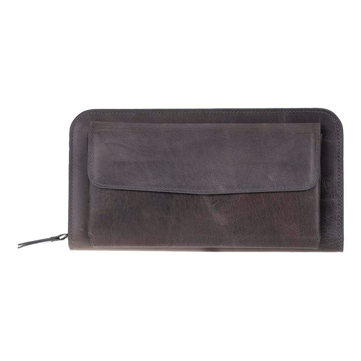 A dark brown textured leather zip-around wallet with a flap pocket on the front, shown against a plain white background.