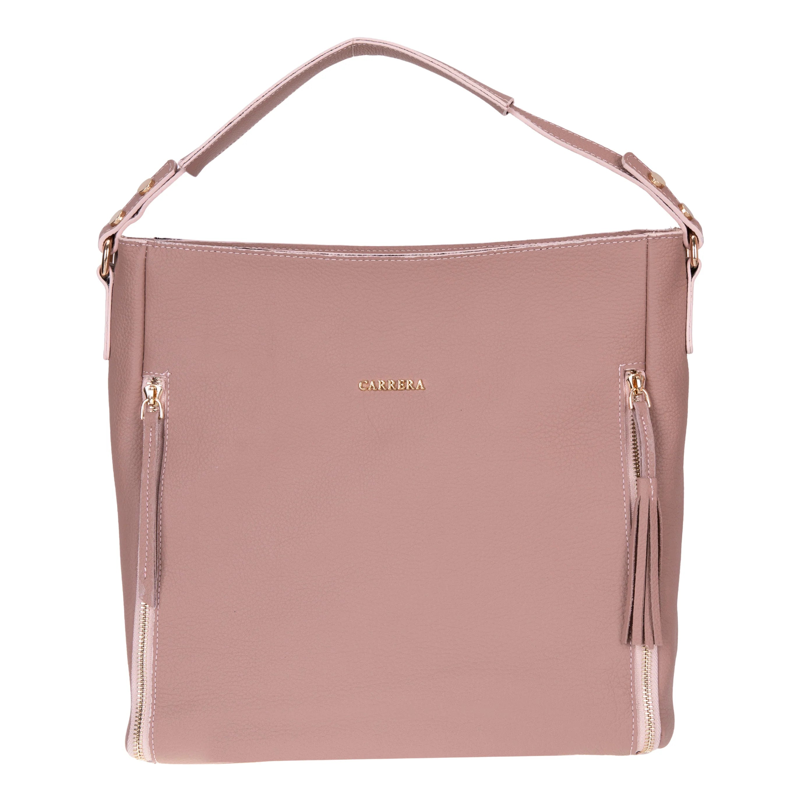 Pink handbag with gold zipper and 'Barrera' branding on a white background