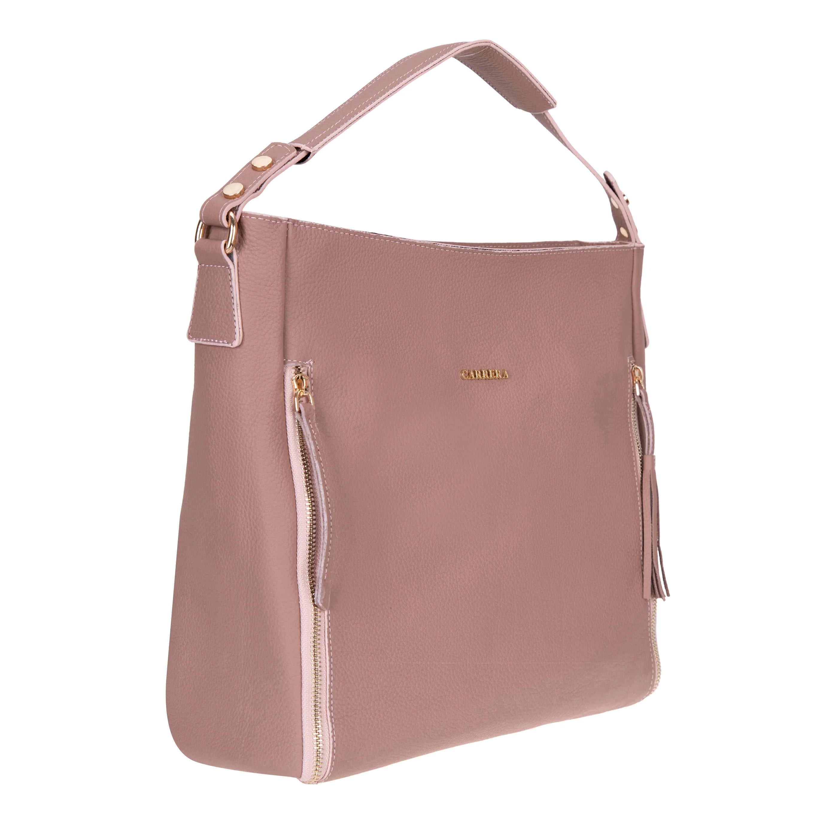 Pink handbag with a visible brand logo on a white background