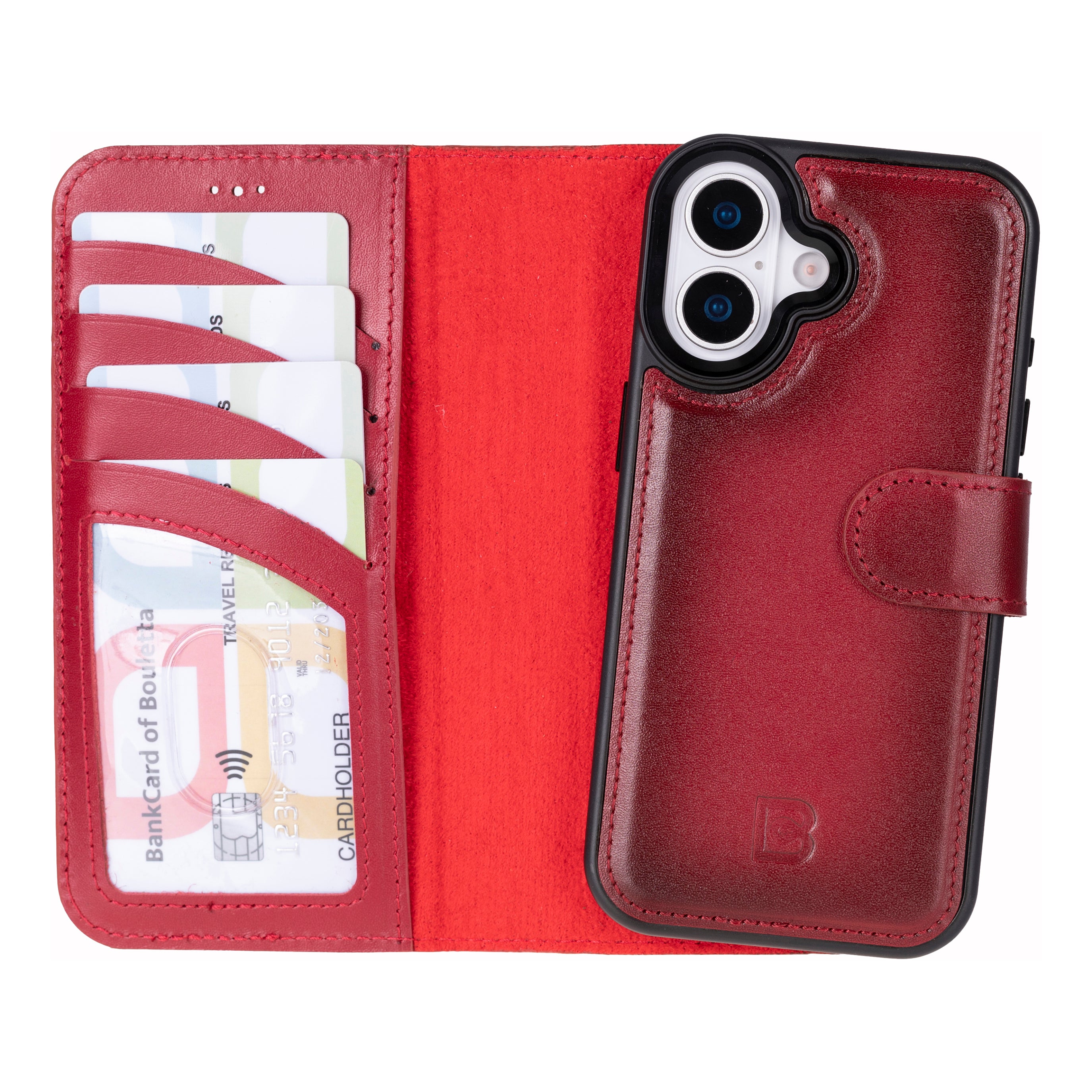 Red phone case with card slots and a visible brand logo on a white background