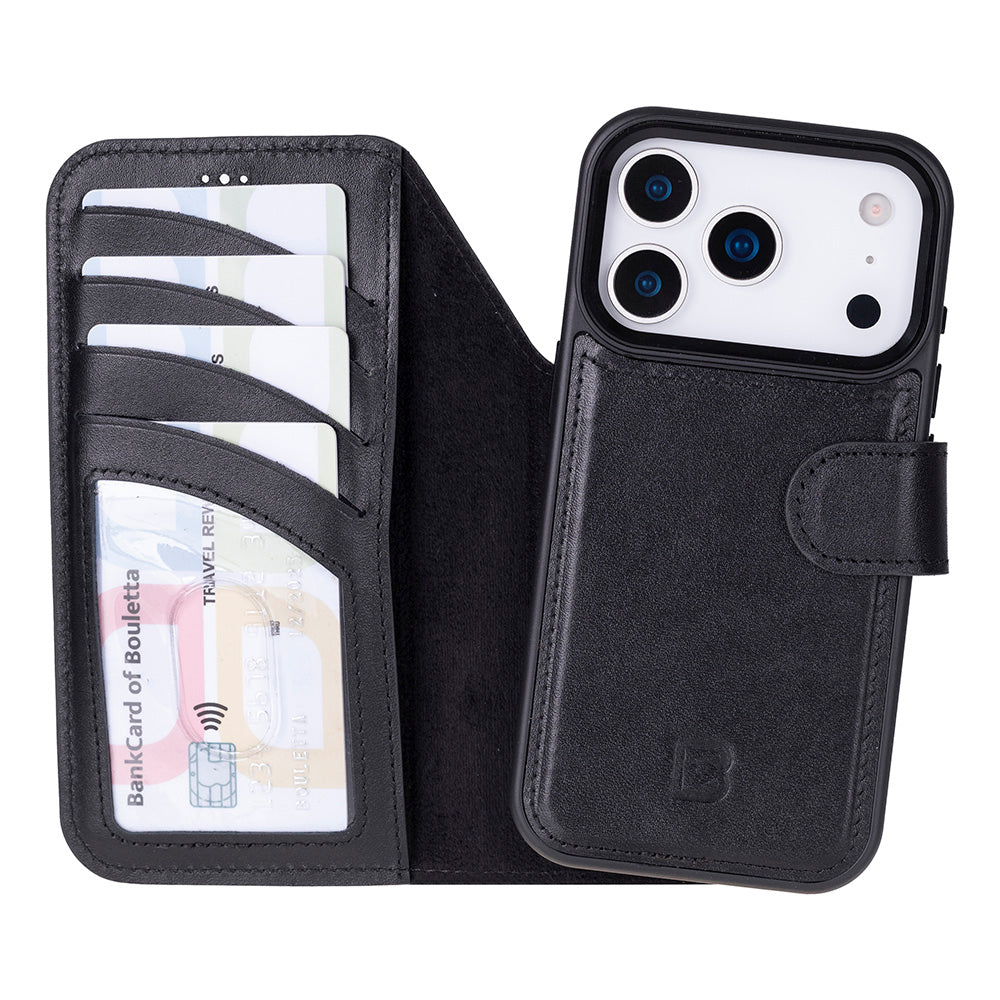Black phone case with card slots and phone pocket on a white background