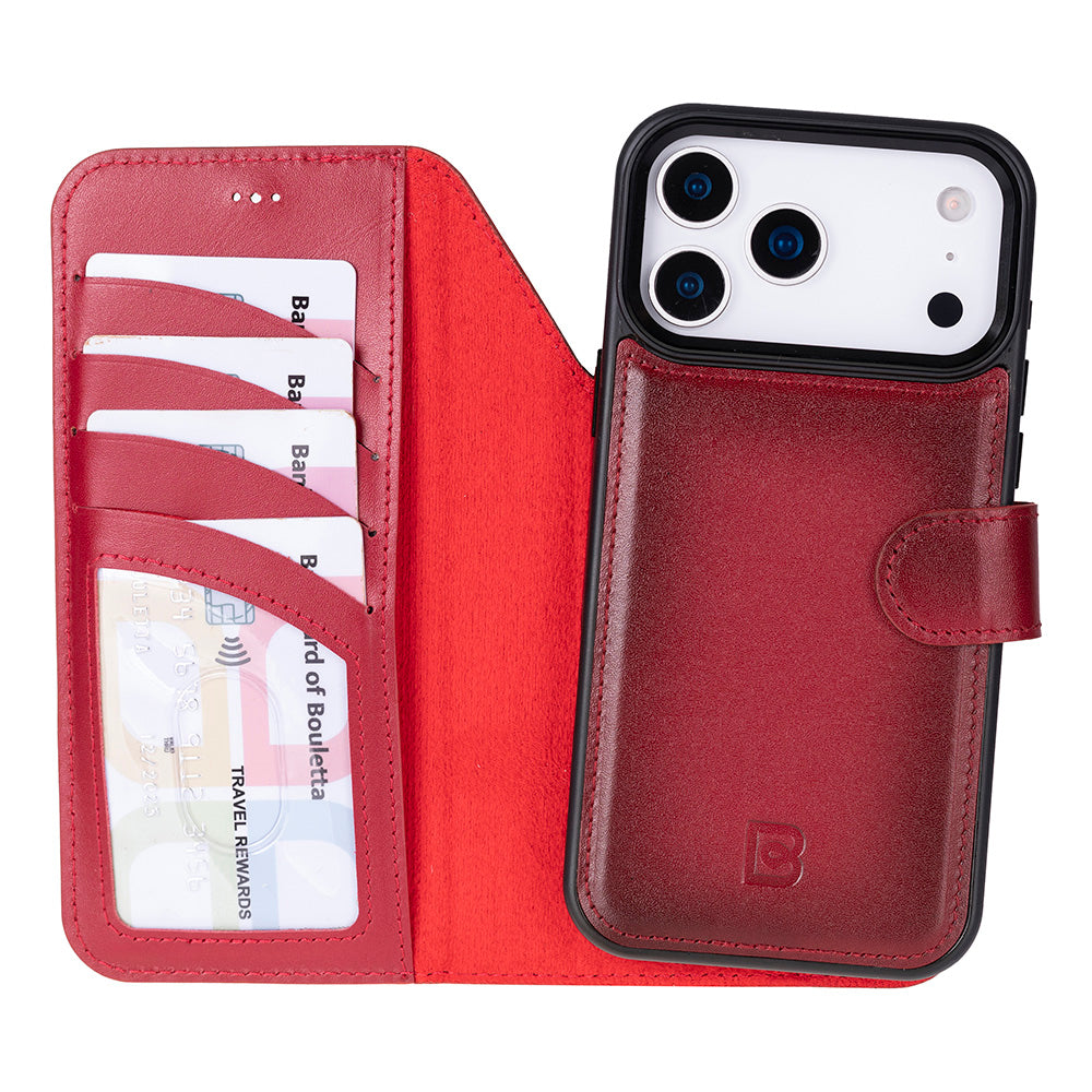Red phone 17 pro max  phone wallet case with card slots and phone stand feature on a white background