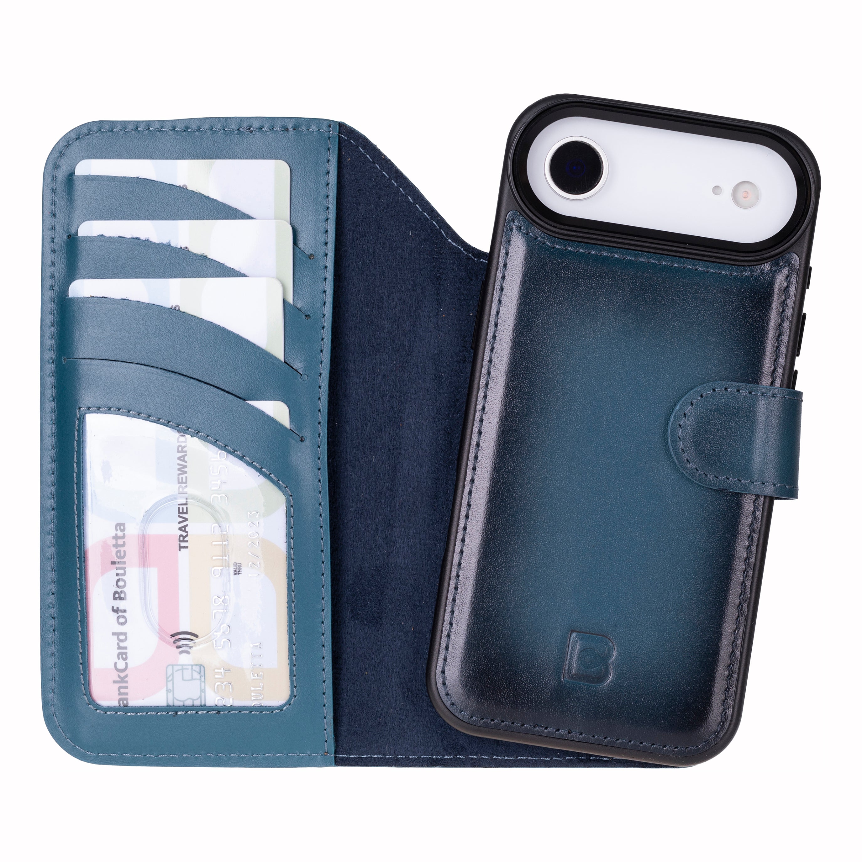 Blue phone wallet case with card slots and phone holder on a white background