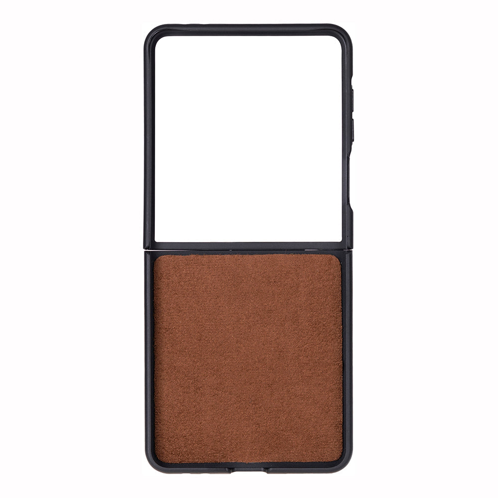 Brown galaxy Z flip compact with black frame on a white background