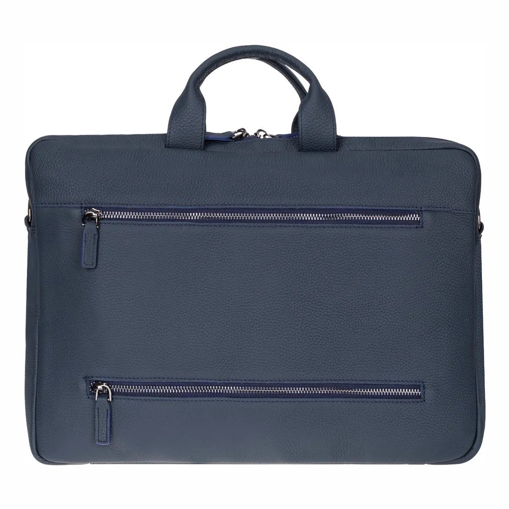 Blue leather briefcase with zippers on a white background