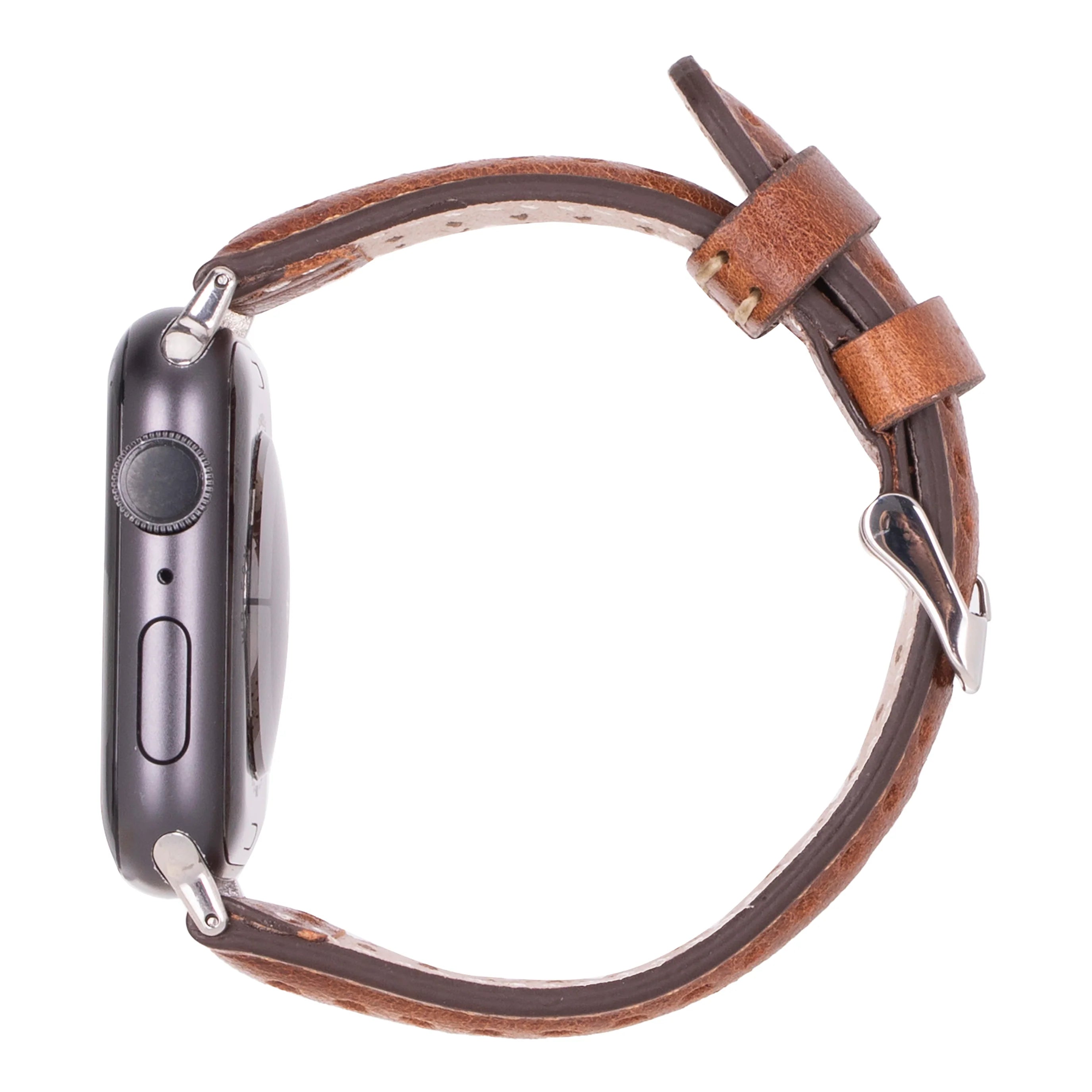 Smartwatch with a brown leather strap on a white background