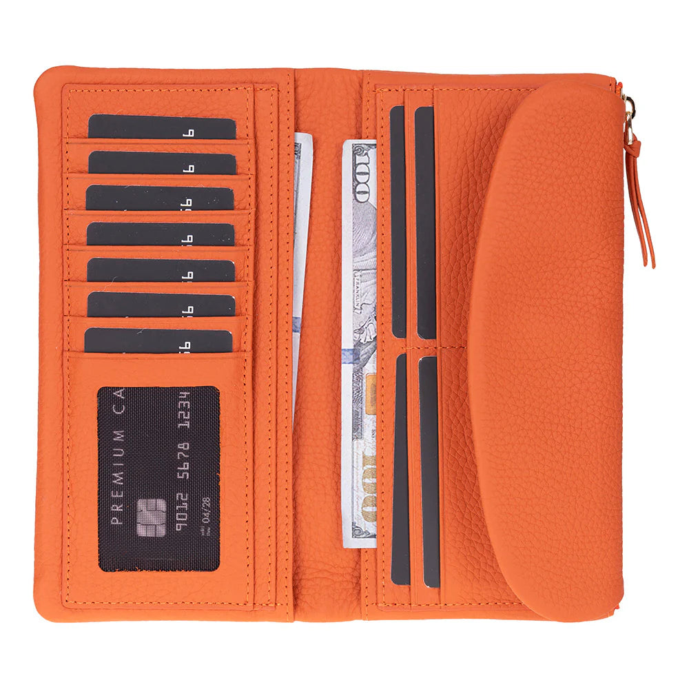 Orange wallet with card slots and money pocket on a white background