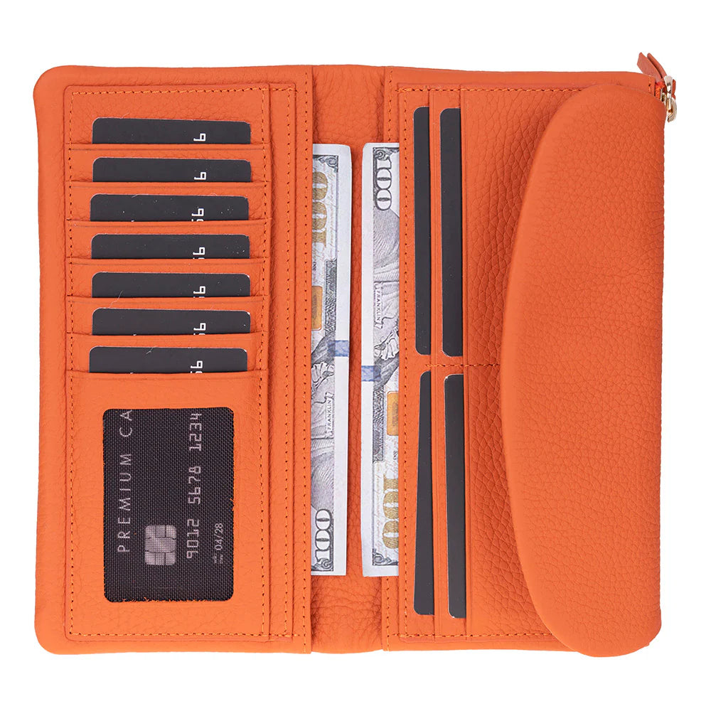 Orange wallet with card slots and money compartments on a white background