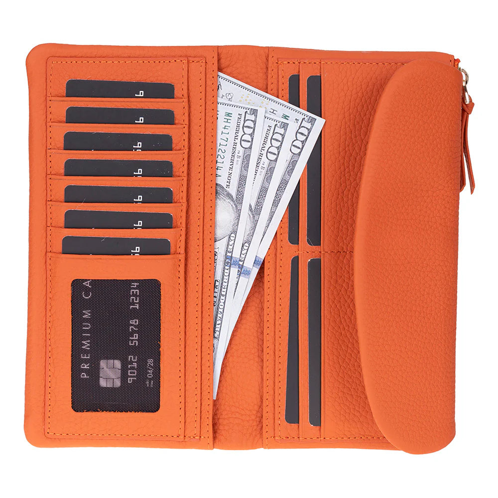 Orange wallet with card slots and cash, on a white background
