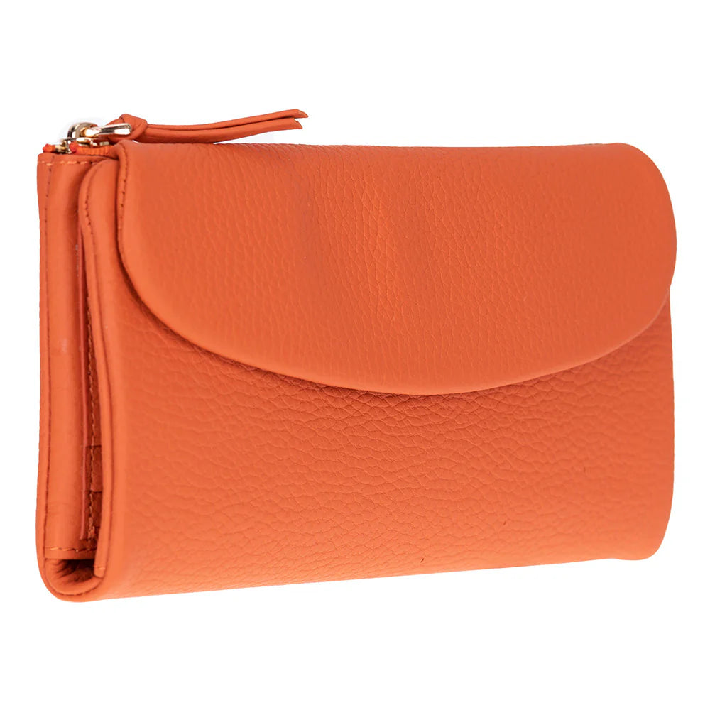 Orange leather clutch bag on a white background