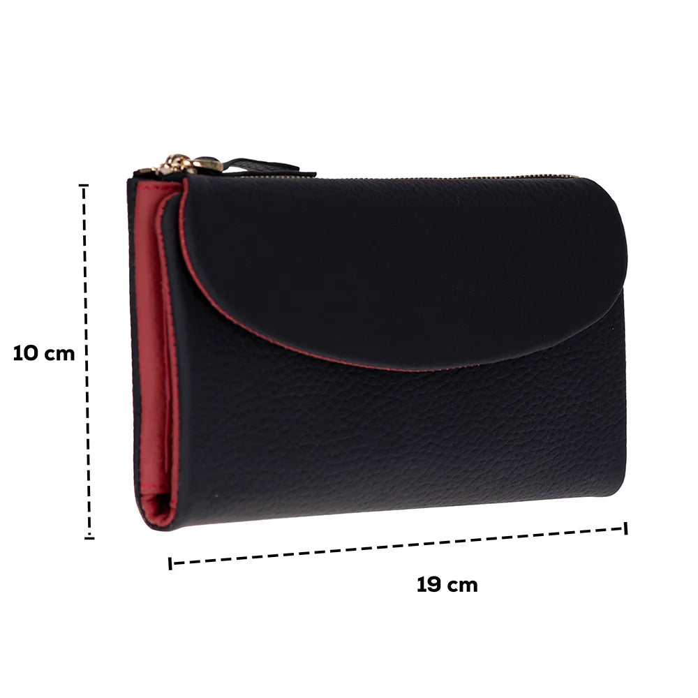 Black clutch bag with red interior and measurements on a white background