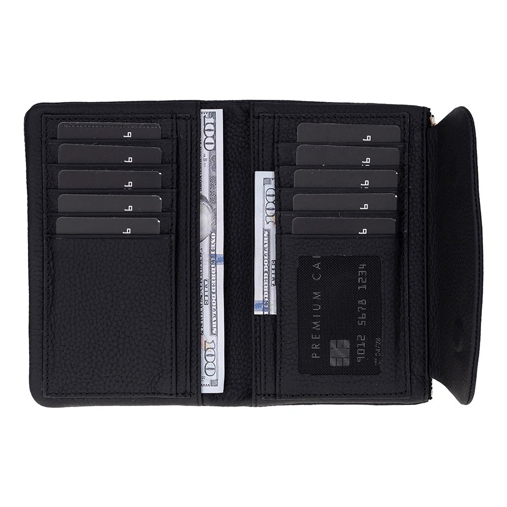 Black handbag with card slots and a bill holder on a white background