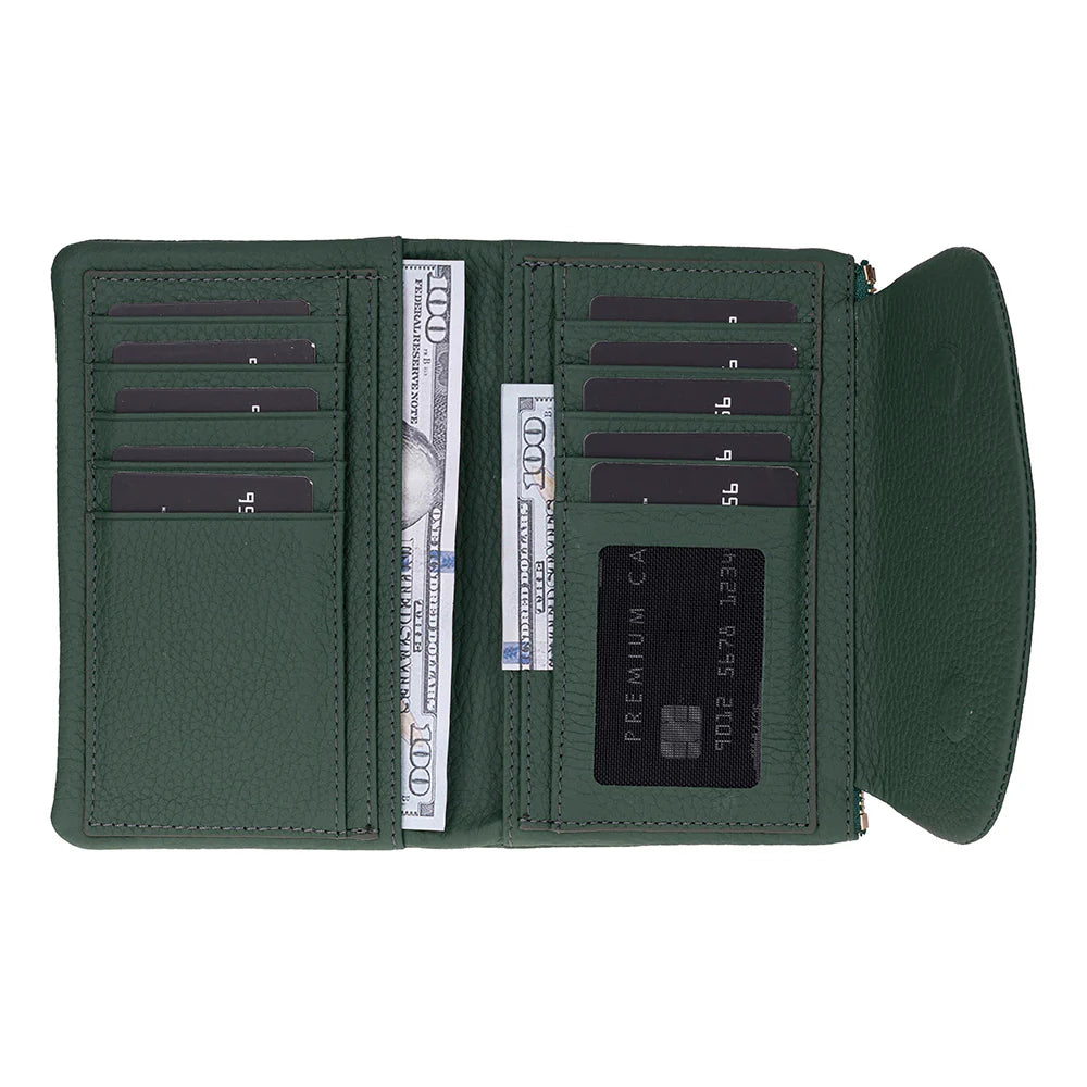 Green handbag with card slots and cash compartment on a white background