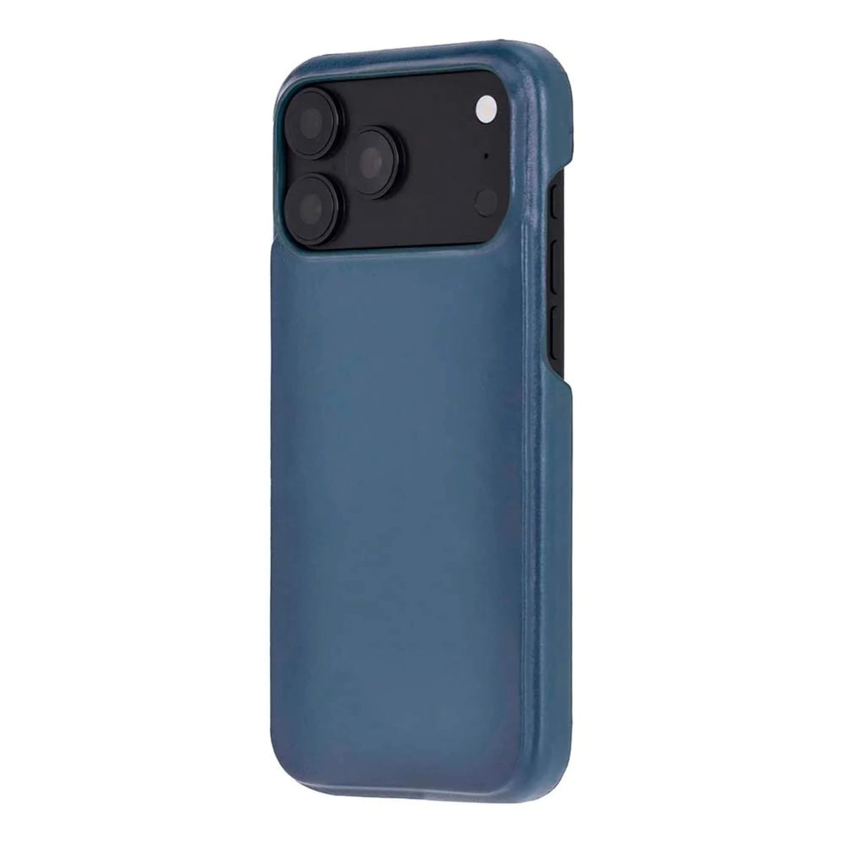 A blue leather iphone 18 pro max case with a black camera bar, shown on a white background.