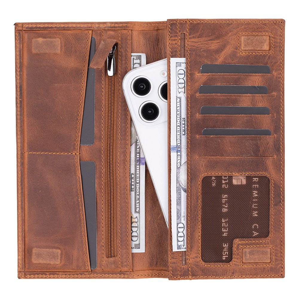 Handmade leather universal wallet with zipper pocket and magnetic closure