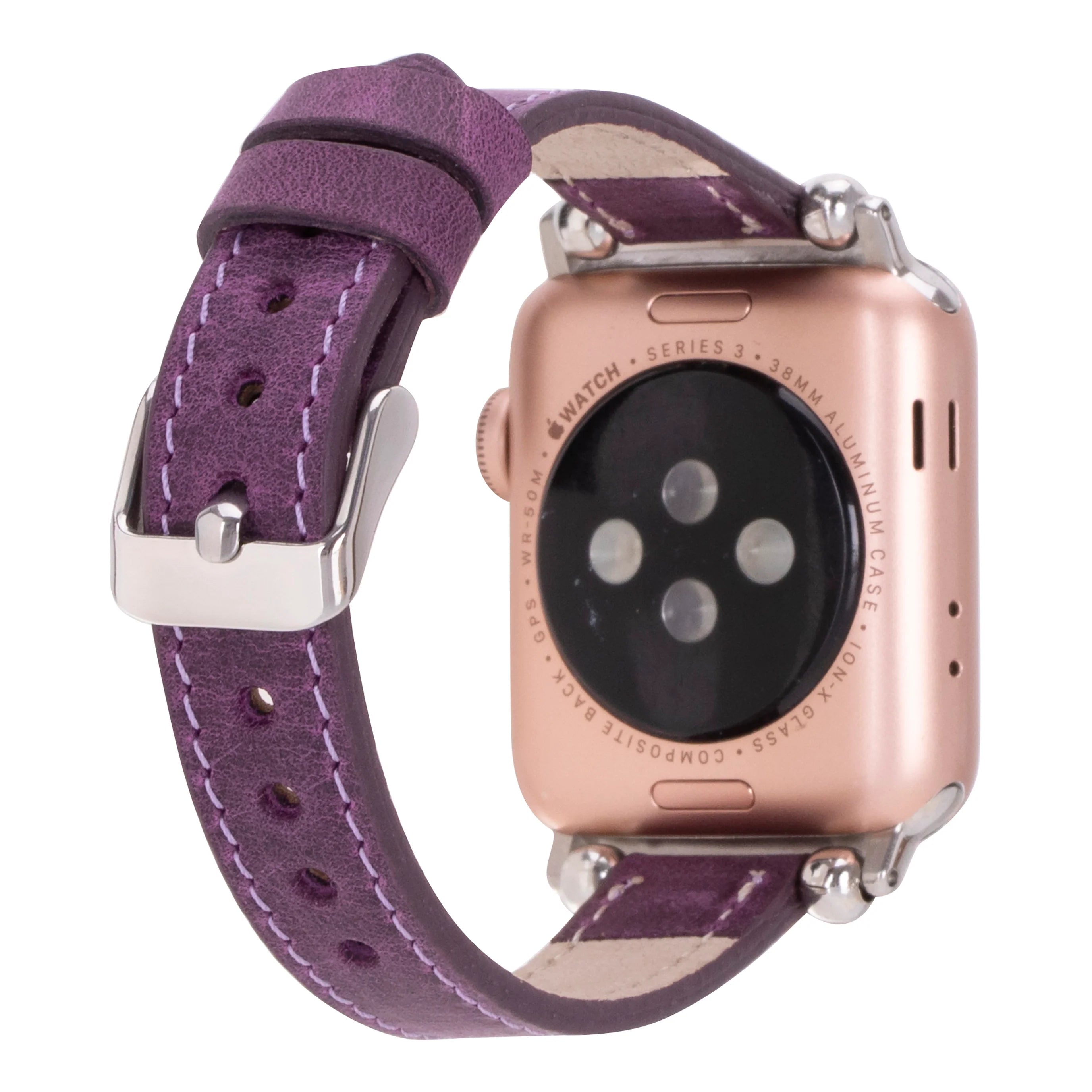 Smartwatch with a purple leather strap on a white background